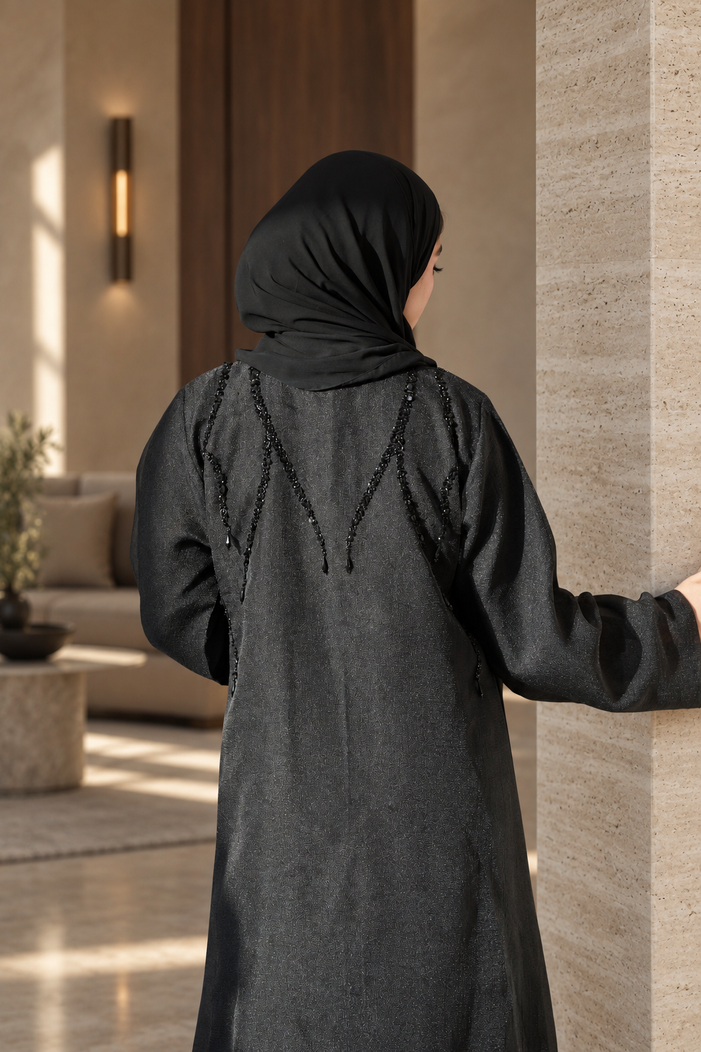 Black Beaded Cascade Abaya Set - 092669