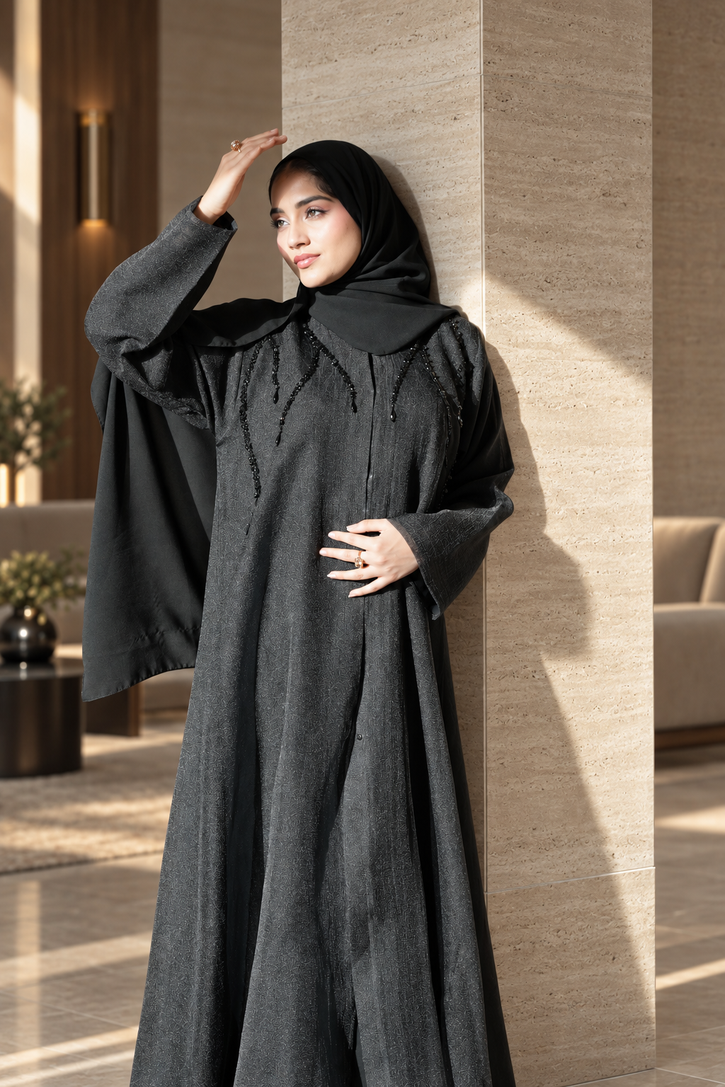 Black Beaded Cascade Abaya Set - 092669