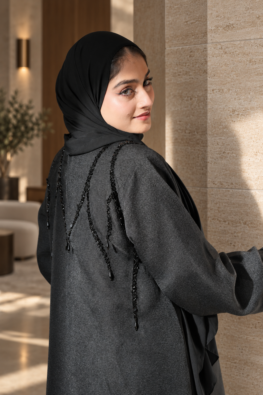 Black Beaded Cascade Abaya Set - 092669