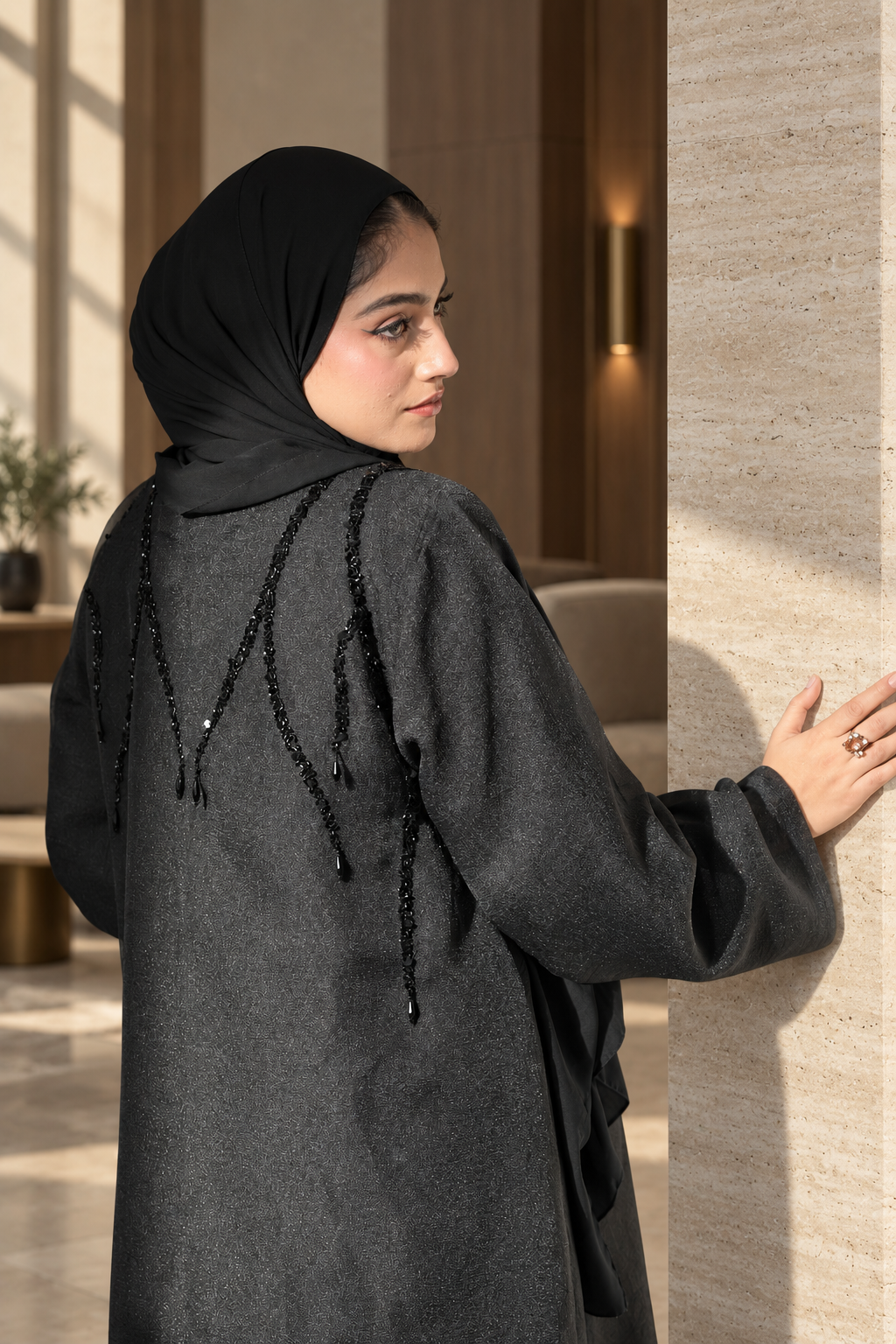 Black Beaded Cascade Abaya Set - 092669