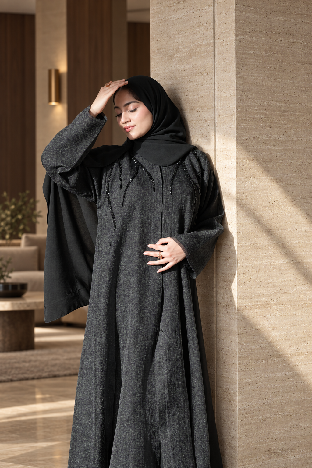 Black Beaded Cascade Abaya Set - 092669