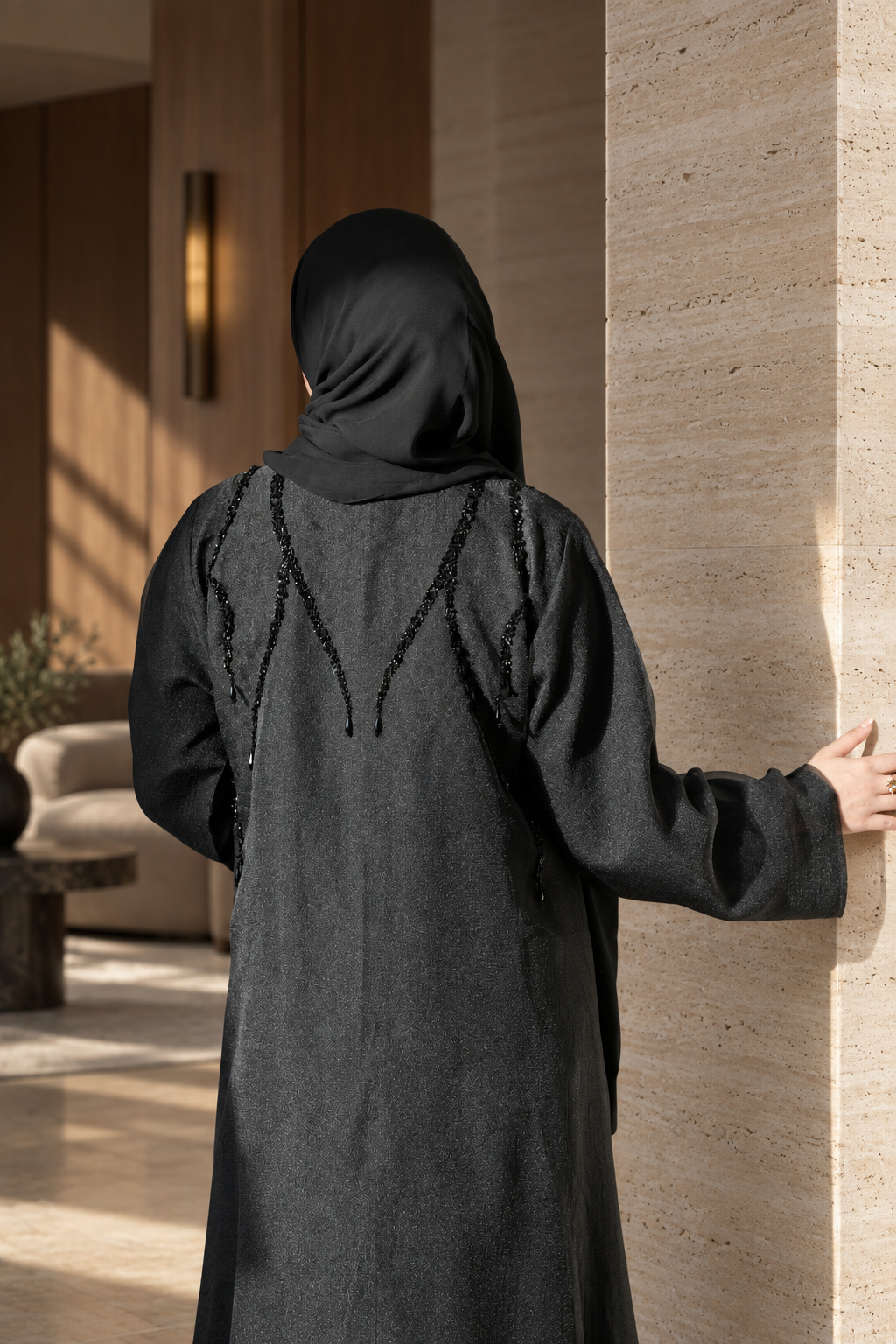 Black Beaded Cascade Abaya Set - 092669
