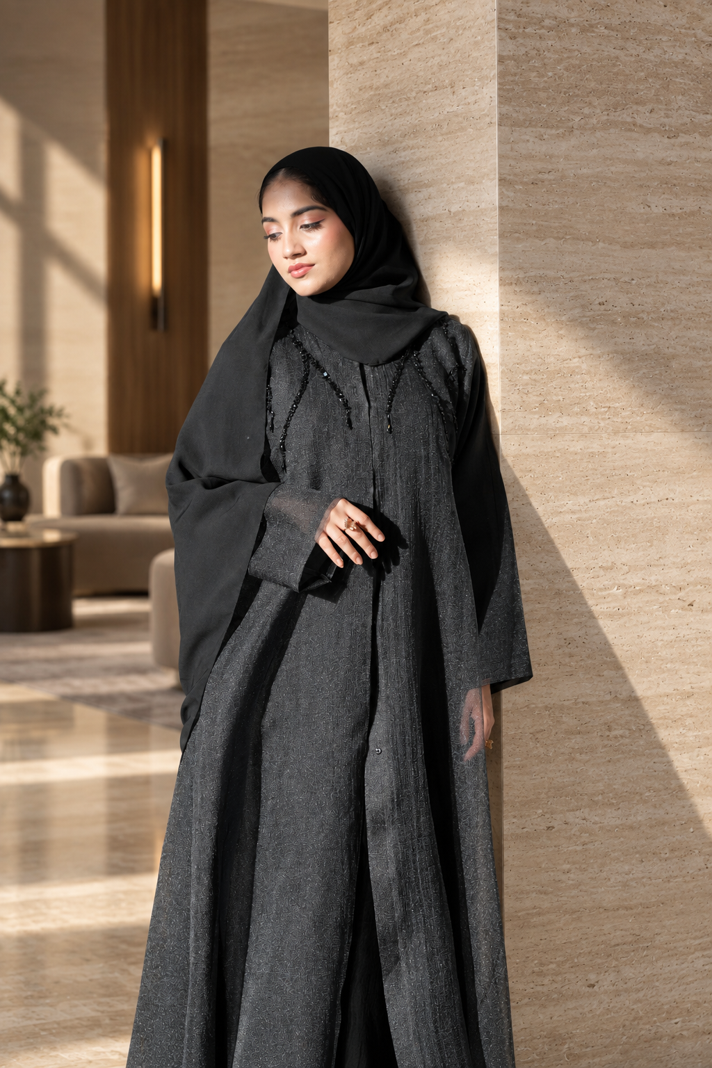 Black Beaded Cascade Abaya Set - 092669