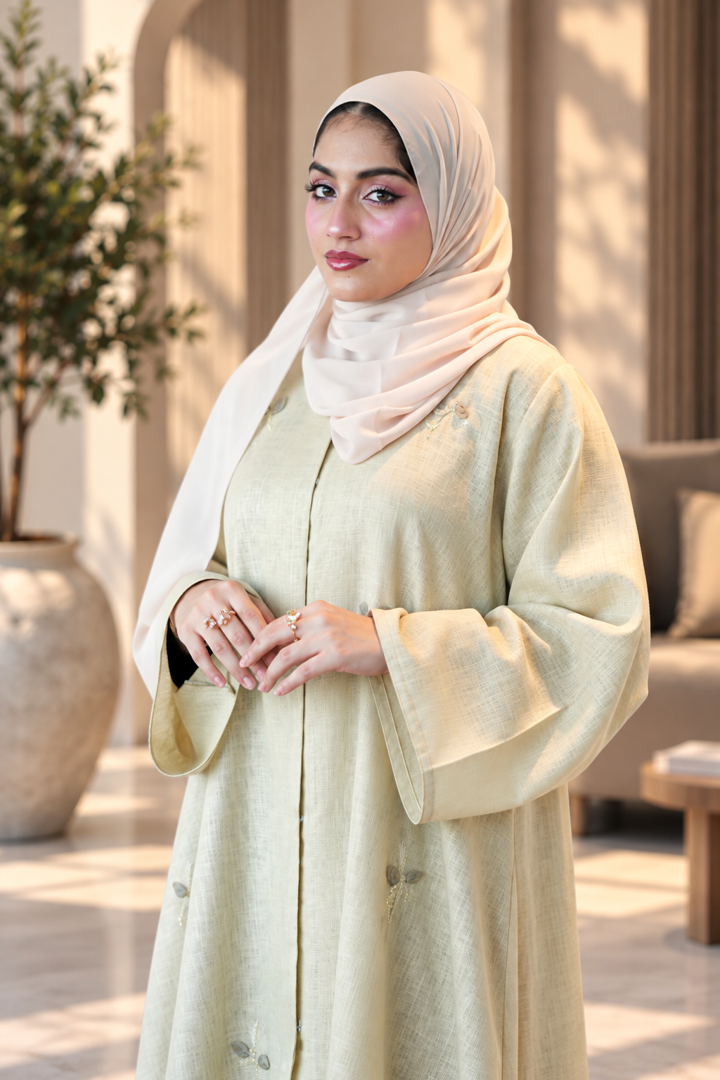 Pistachio Bloom Linen Abaya Set - 092670
