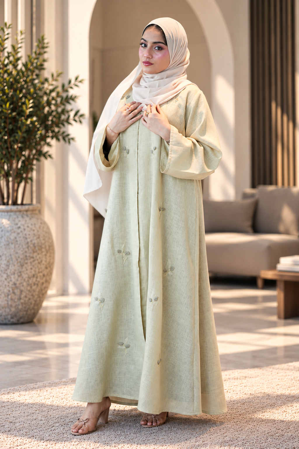 Pistachio Bloom Linen Abaya Set - 092670
