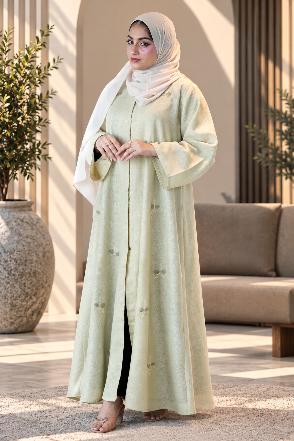 Pistachio Bloom Linen Abaya Set - 092670