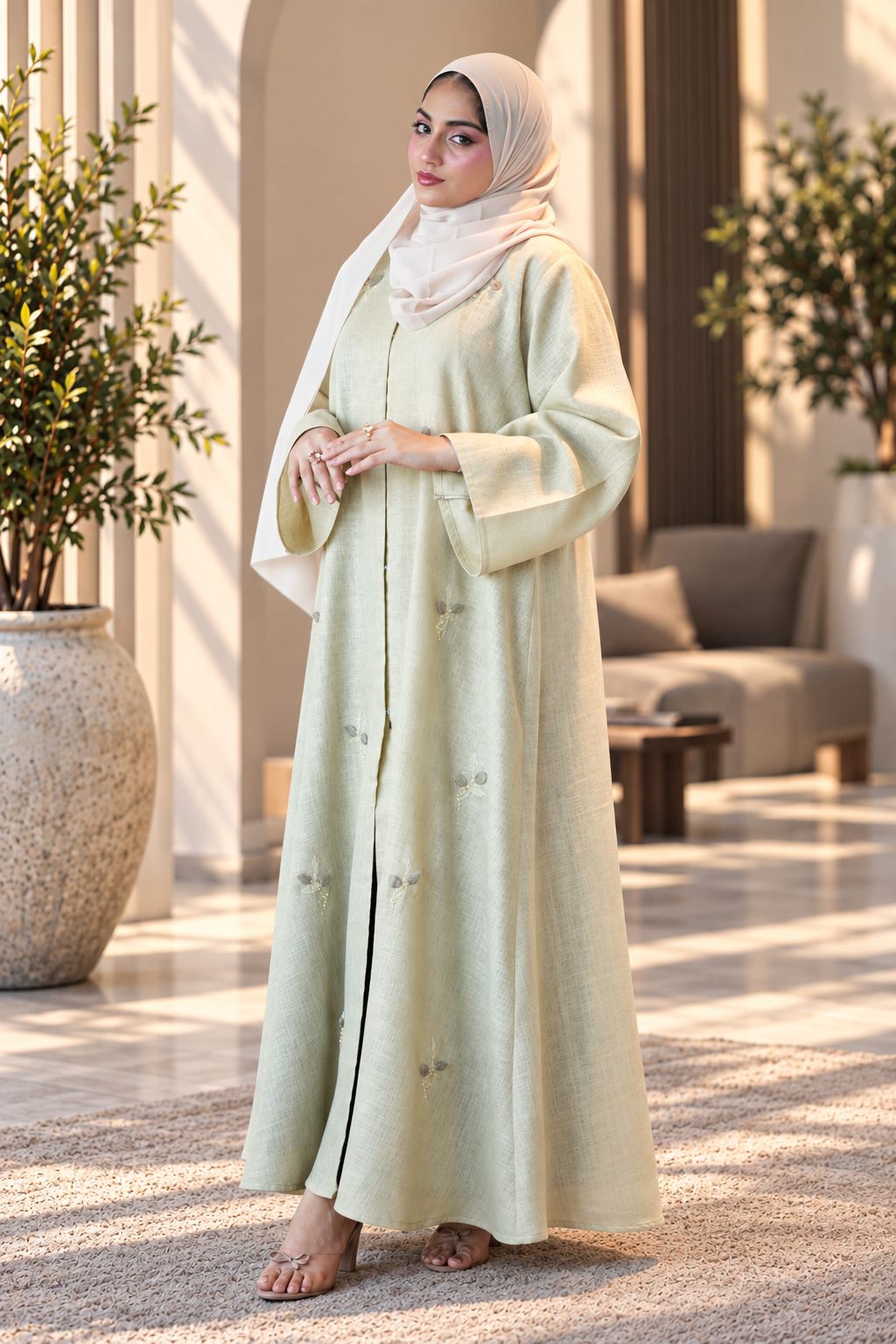 Pistachio Bloom Linen Abaya Set - 092670