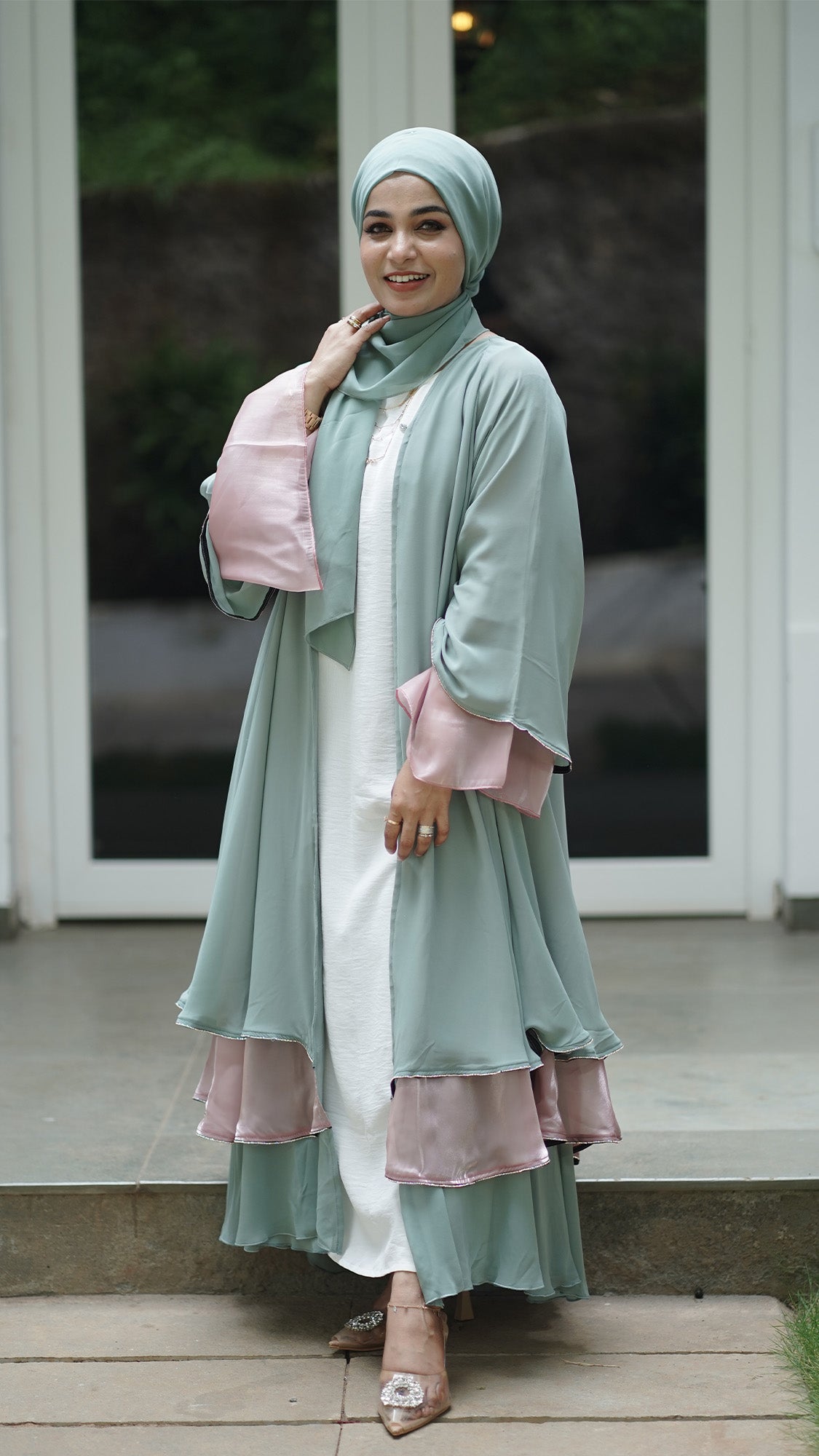 Sage Green & Blush Pink Layered Abaya Set - 0926107