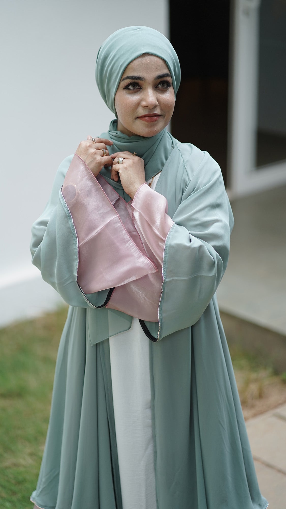 Sage Green & Blush Pink Layered Abaya Set - 0926107