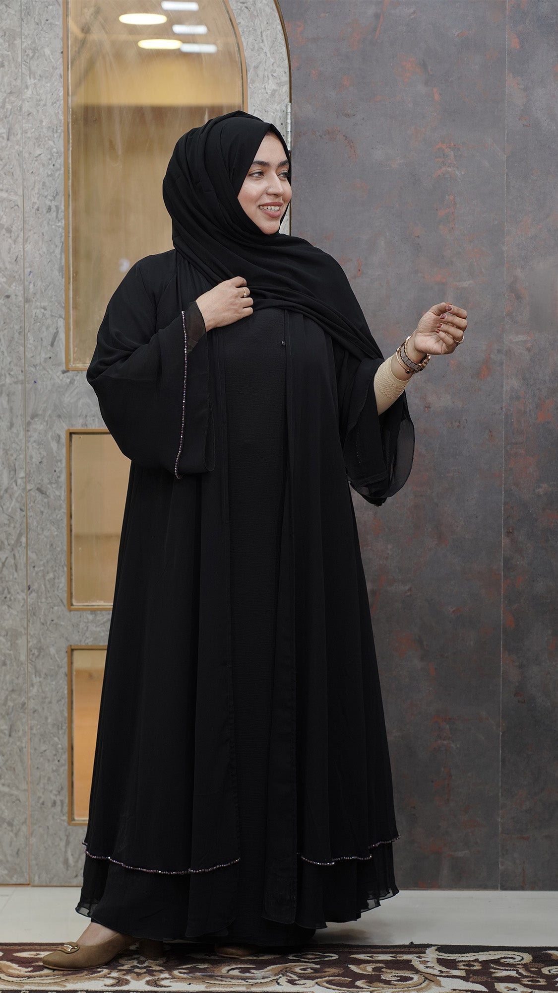 Classic Black Layered Abaya with Pearl-Trimmed Sleeves - 092697