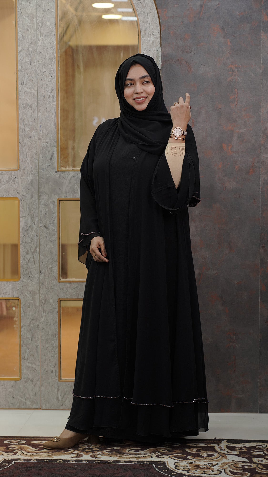 Classic Black Layered Abaya with Pearl-Trimmed Sleeves - 092697