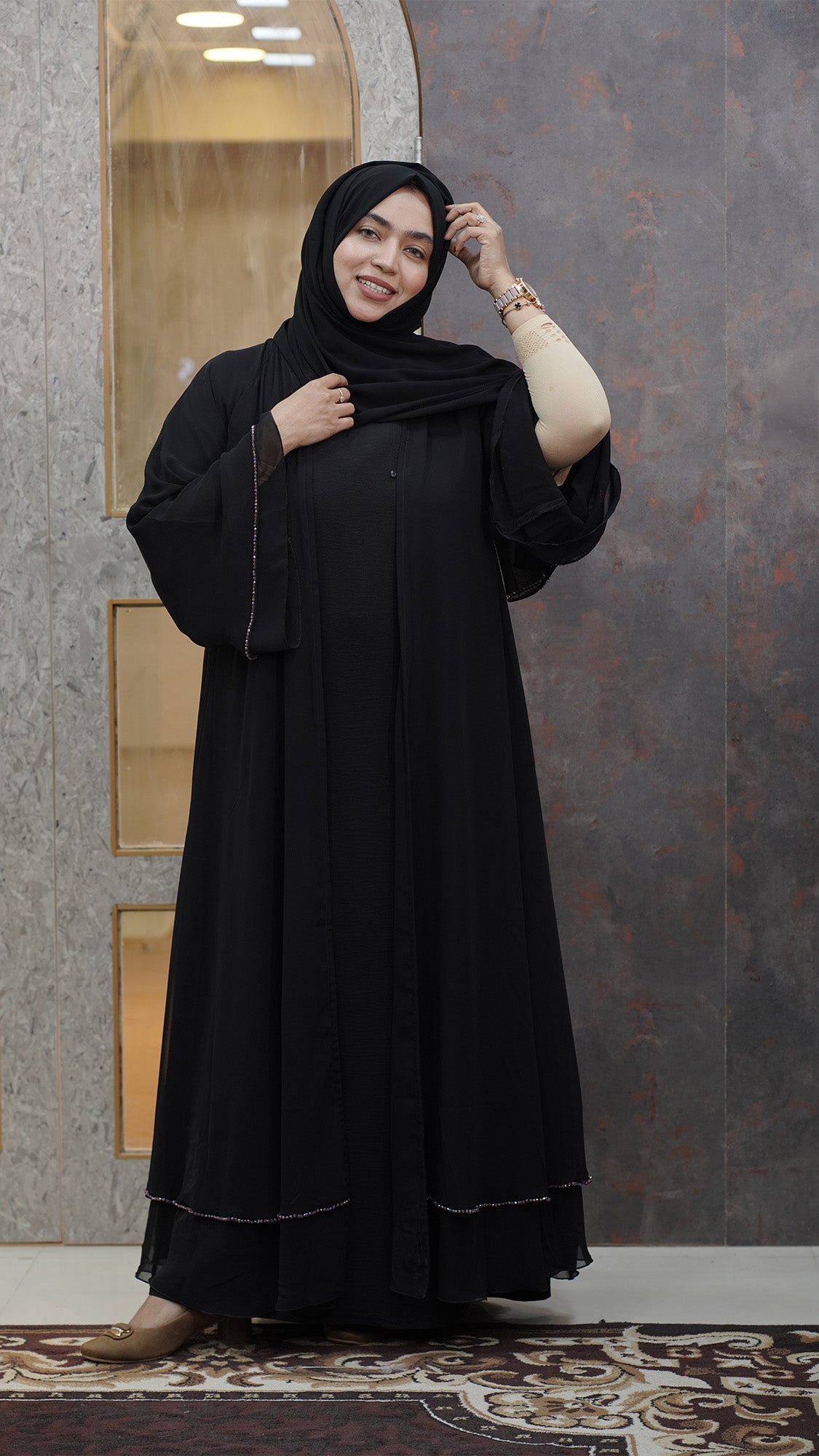 Classic Black Layered Abaya with Pearl-Trimmed Sleeves - 092697