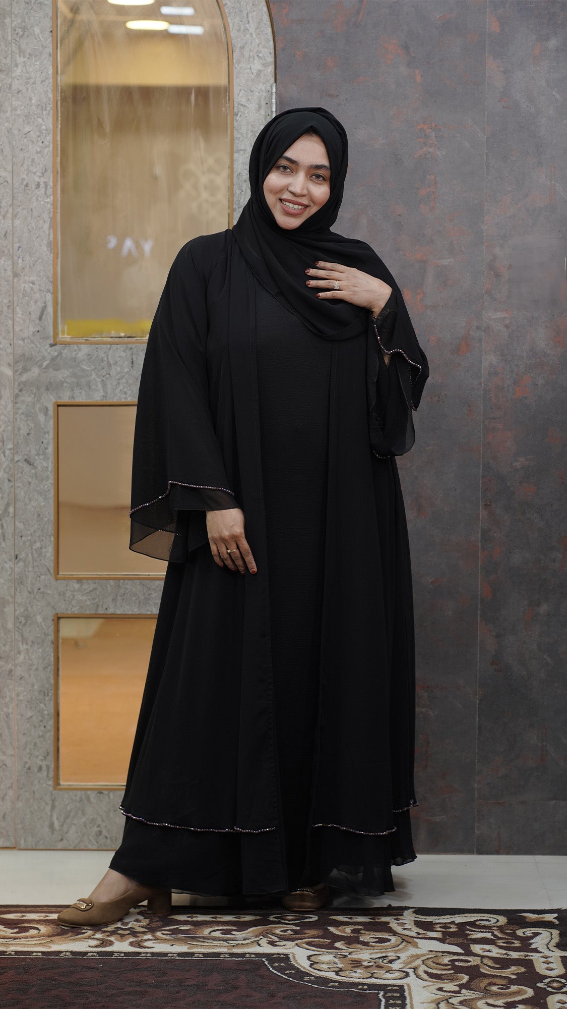 Classic Black Layered Abaya with Pearl-Trimmed Sleeves - 092697