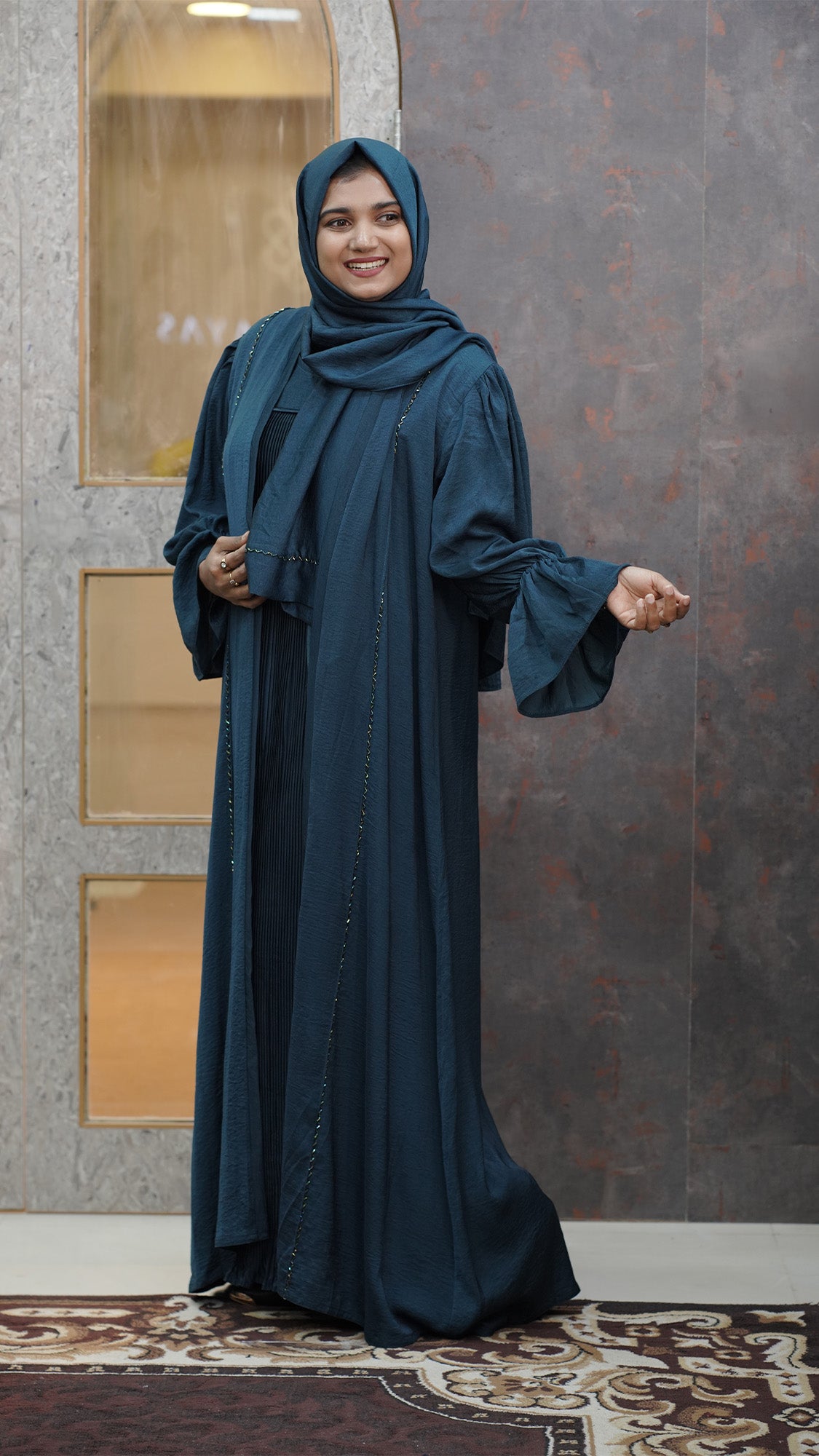 Midnight Teal Pleated Abaya Set with Matching Hijab - 092696