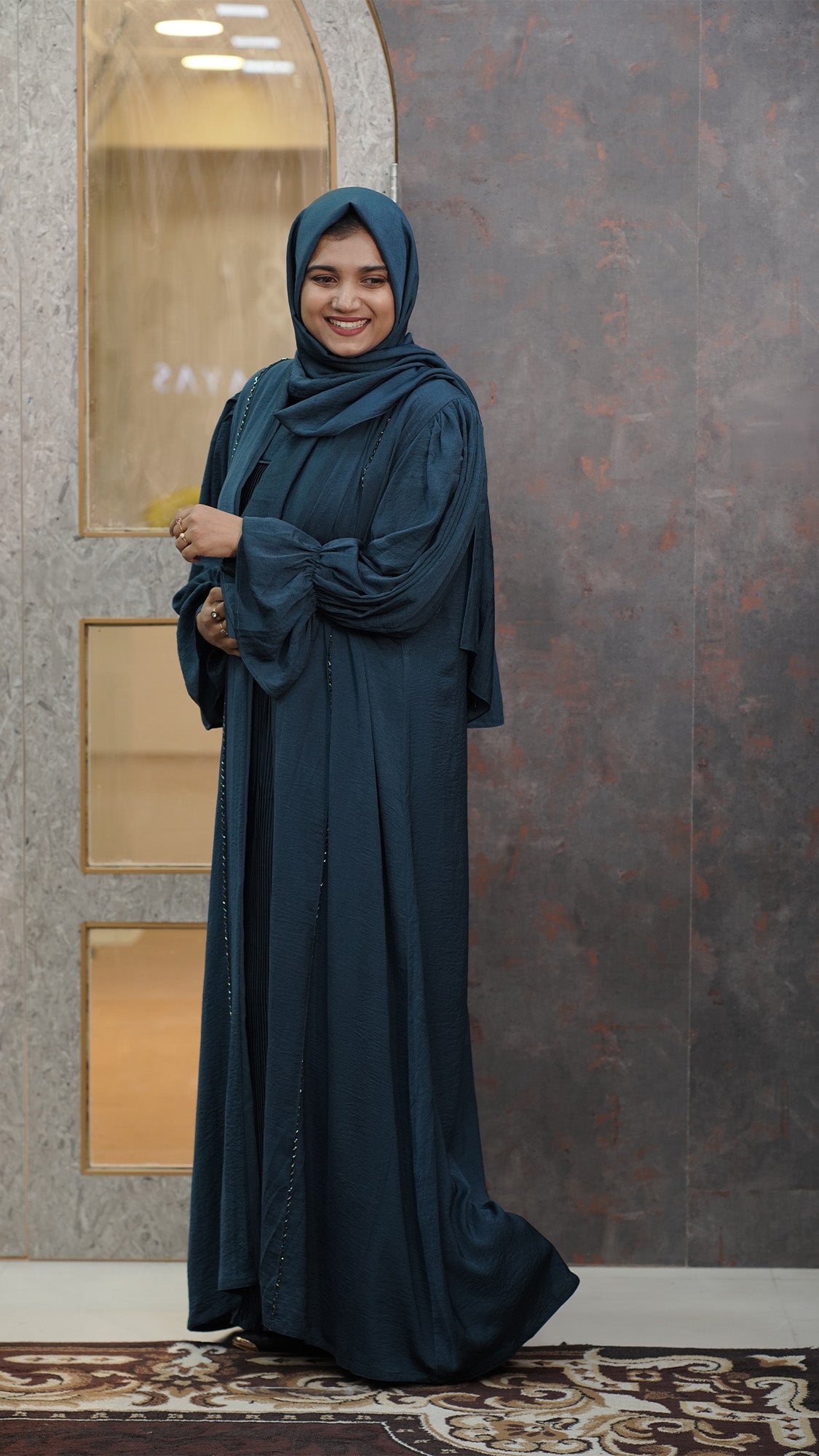 Midnight Teal Pleated Abaya Set with Matching Hijab - 092696