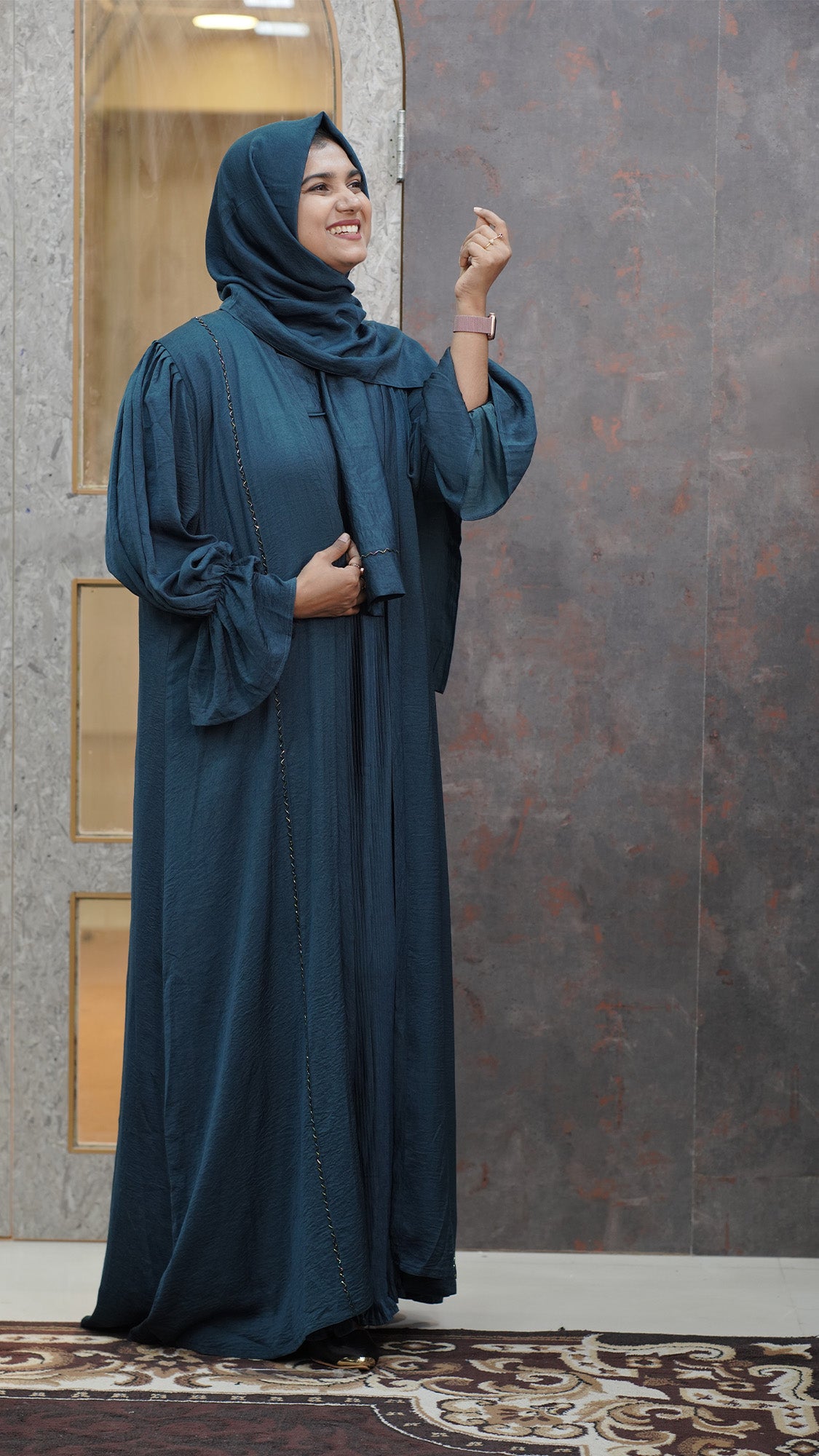 Midnight Teal Pleated Abaya Set with Matching Hijab - 092696