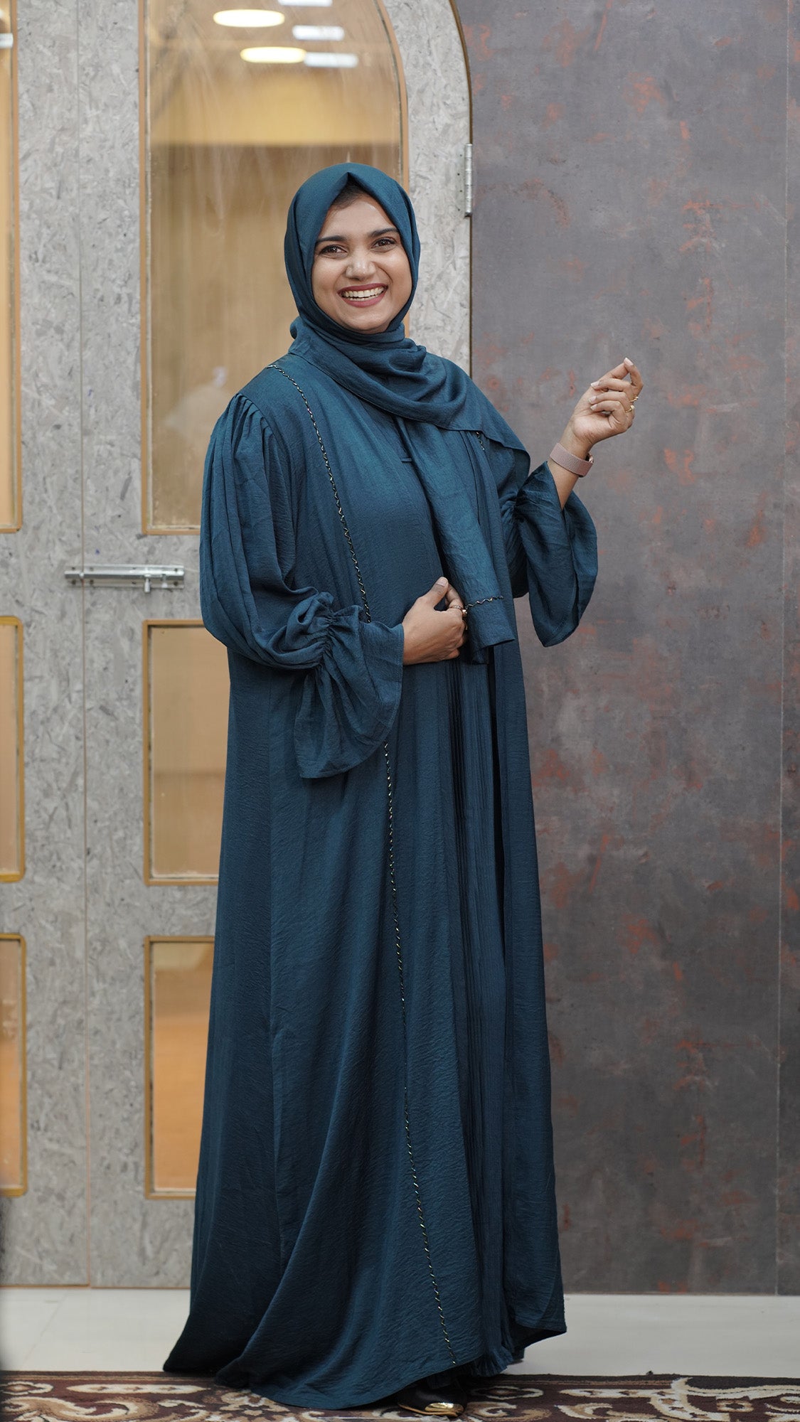 Midnight Teal Pleated Abaya Set with Matching Hijab - 092696