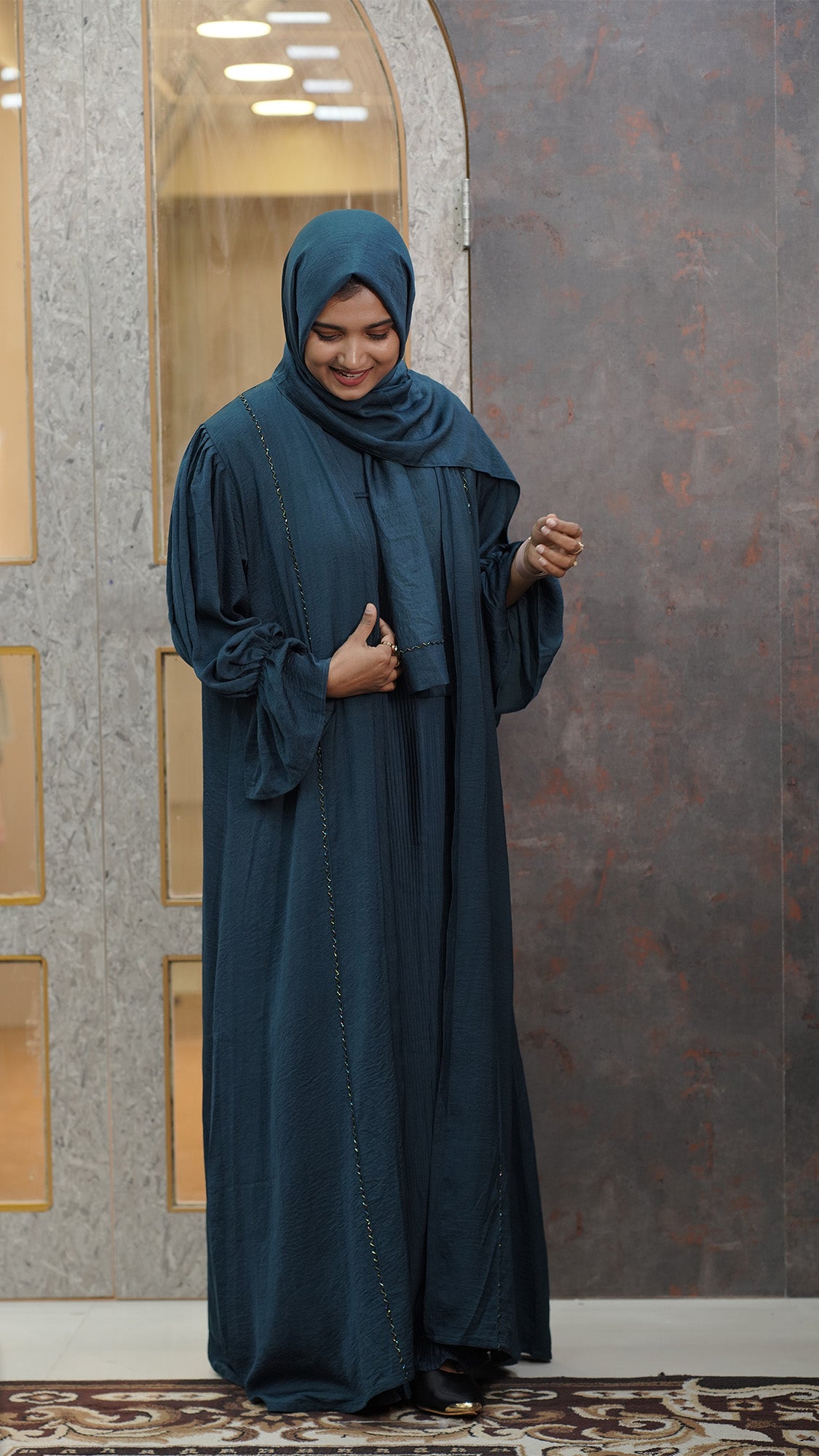 Midnight Teal Pleated Abaya Set with Matching Hijab - 092696
