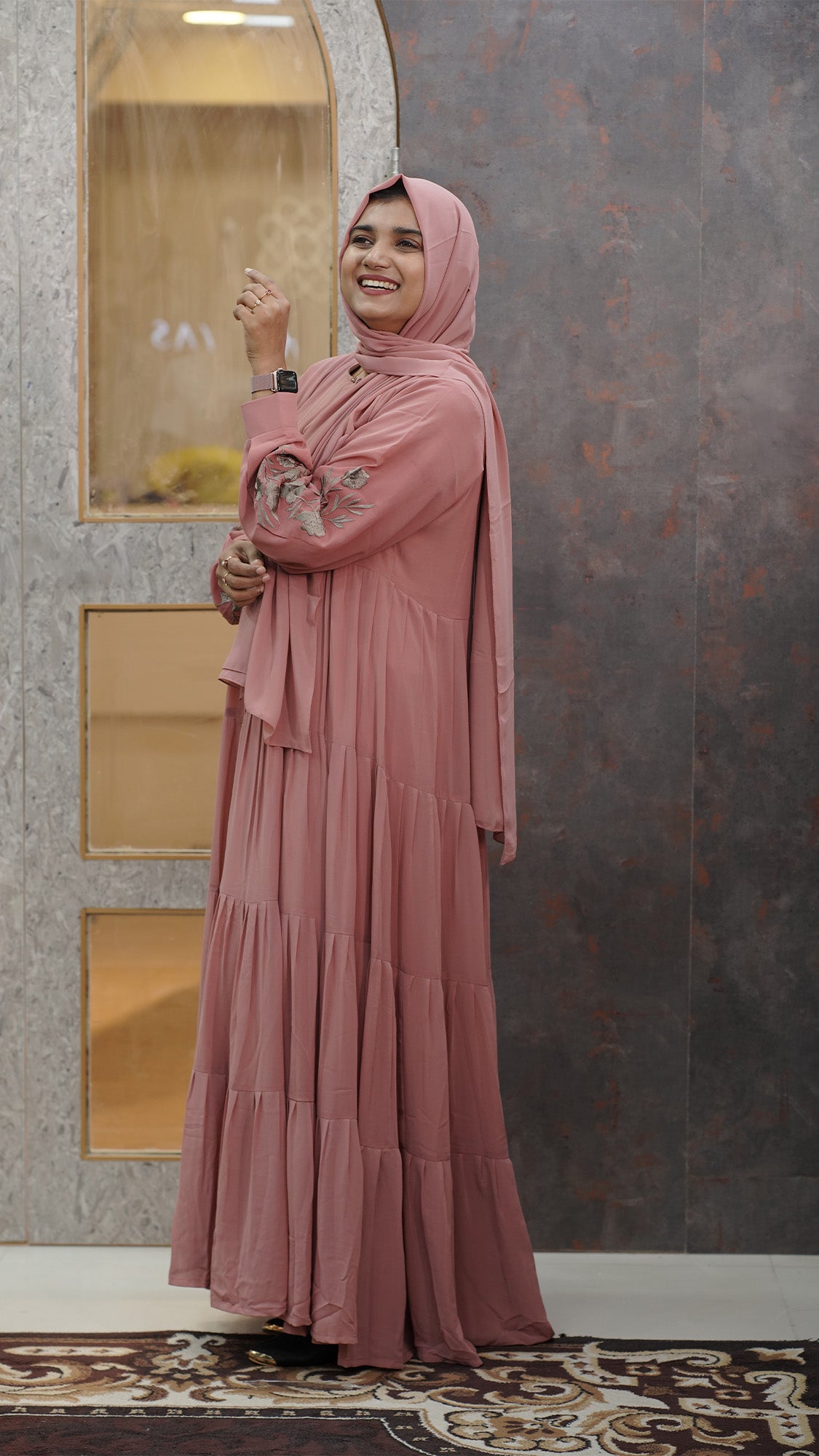 Dusty Rose Tiered Abaya with Floral Embroidered Sleeves - 092698