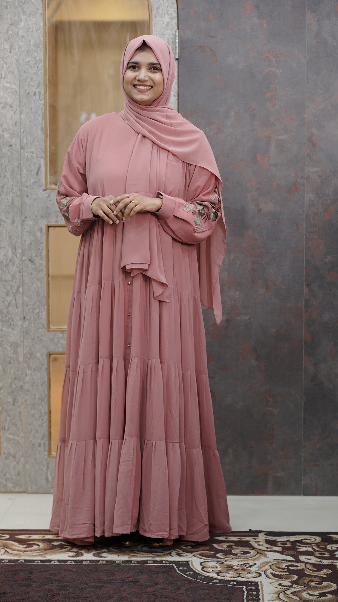 Dusty Rose Tiered Abaya with Floral Embroidered Sleeves - 092698