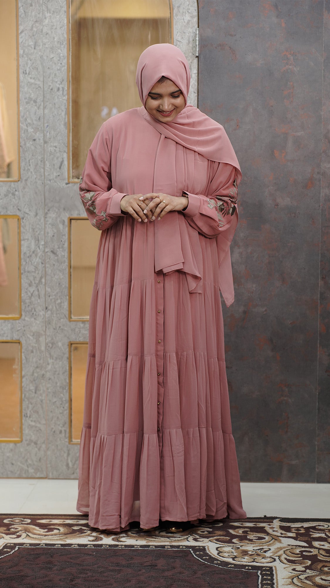 Dusty Rose Tiered Abaya with Floral Embroidered Sleeves - 092698