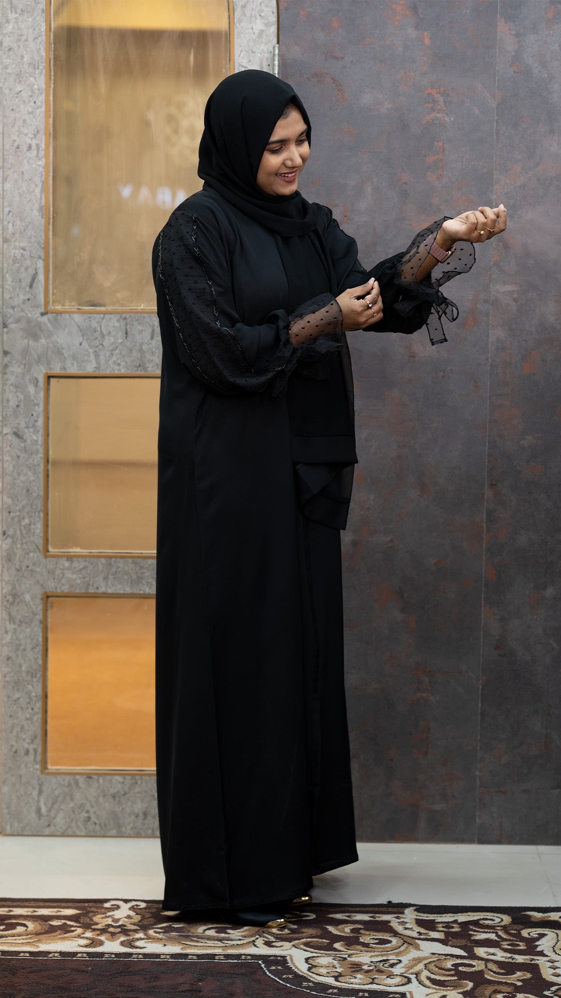 Black Abaya with Sheer Polka-Dot Sleeves - 092699