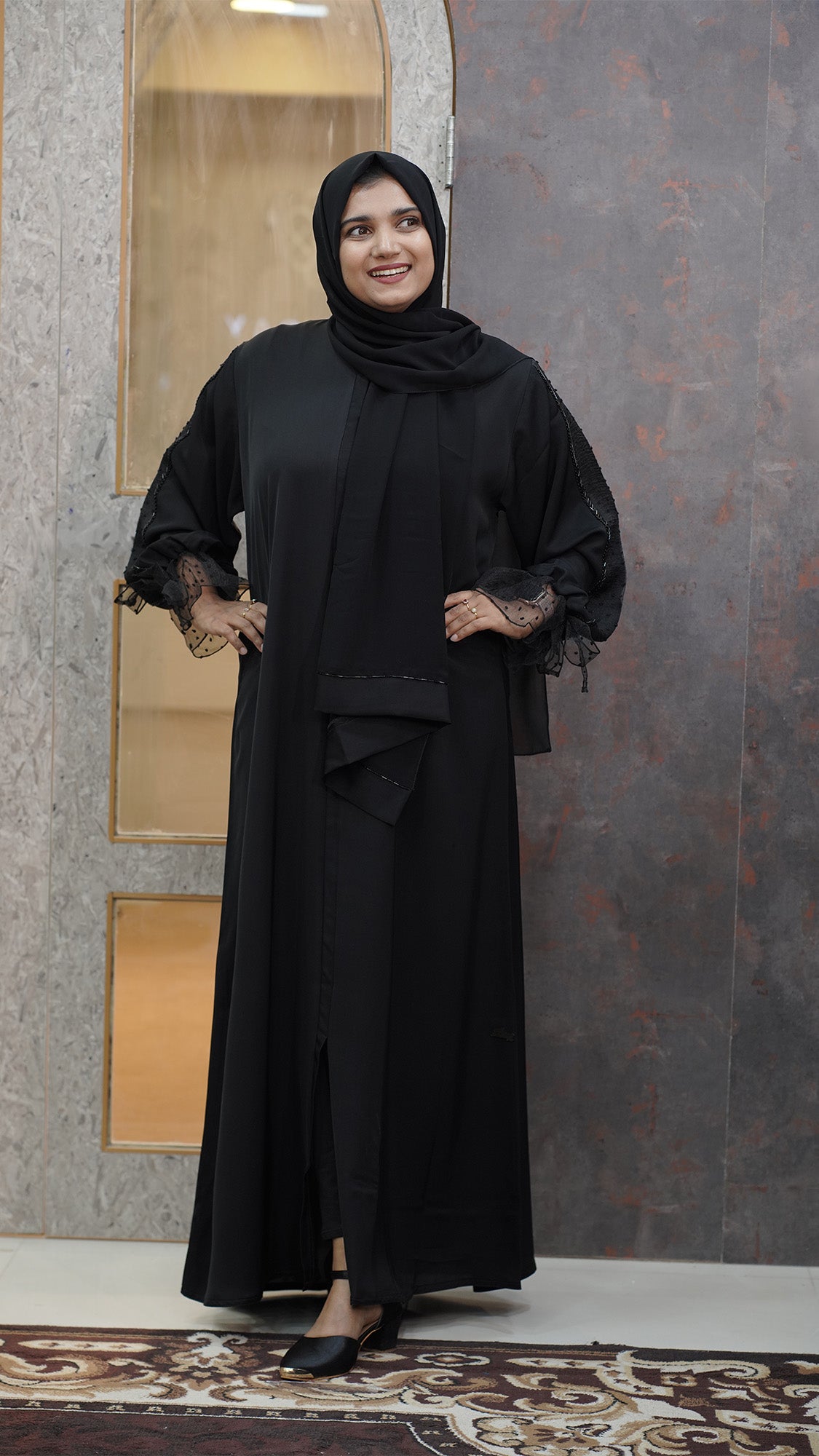 Black Abaya with Sheer Polka-Dot Sleeves - 092699