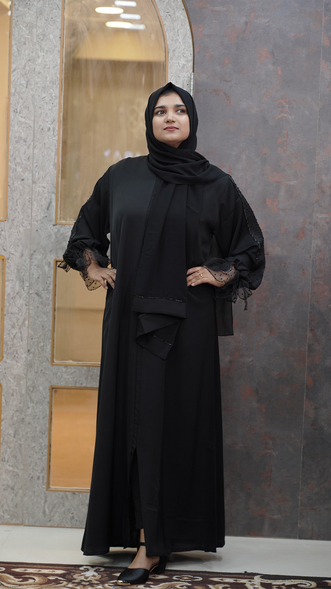 Black Abaya with Sheer Polka-Dot Sleeves - 092699