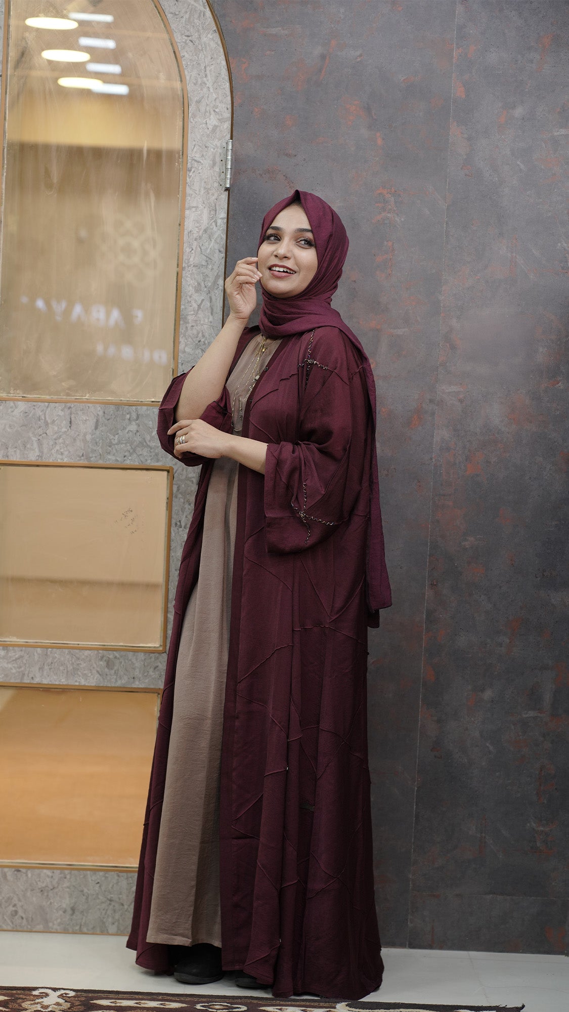 Maroon Layered Abaya Set with Taupe Inner - 0926100