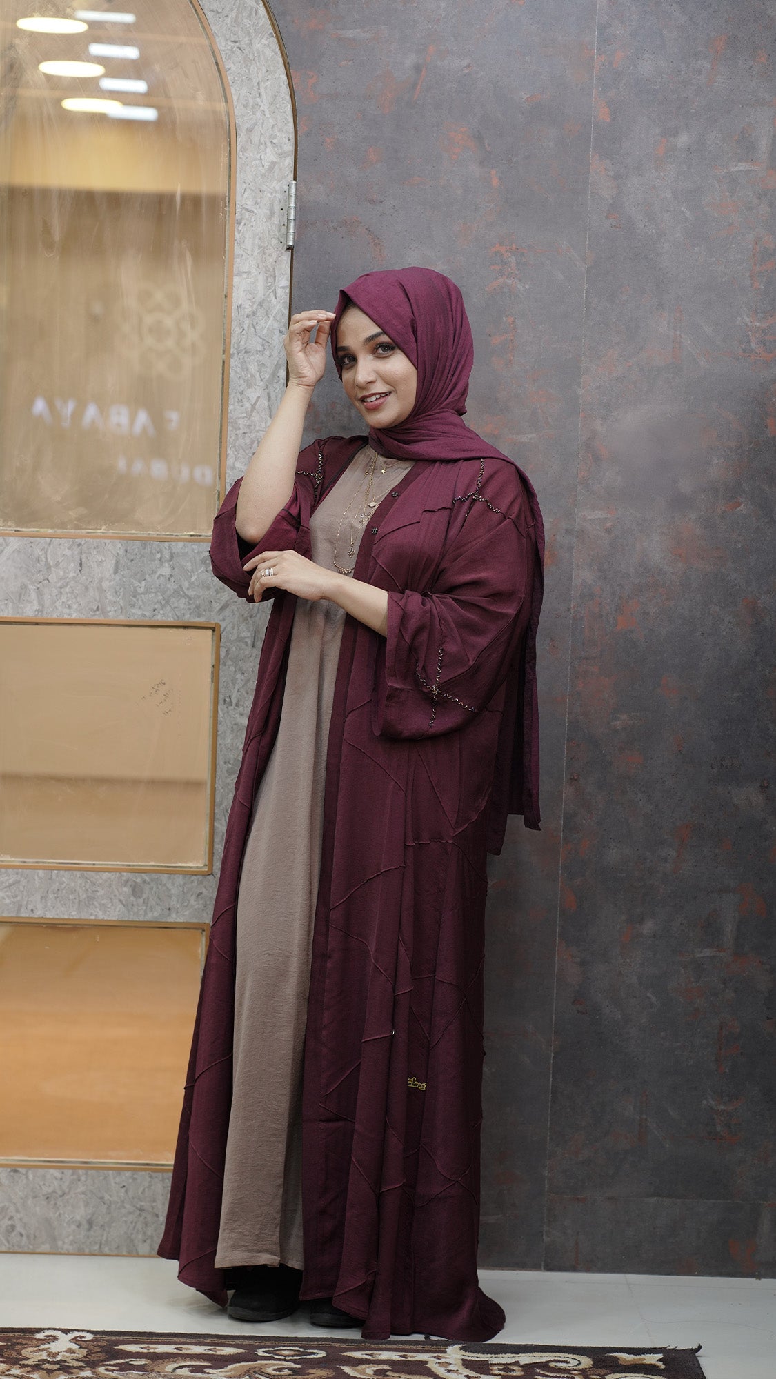 Maroon Layered Abaya Set with Taupe Inner - 0926100
