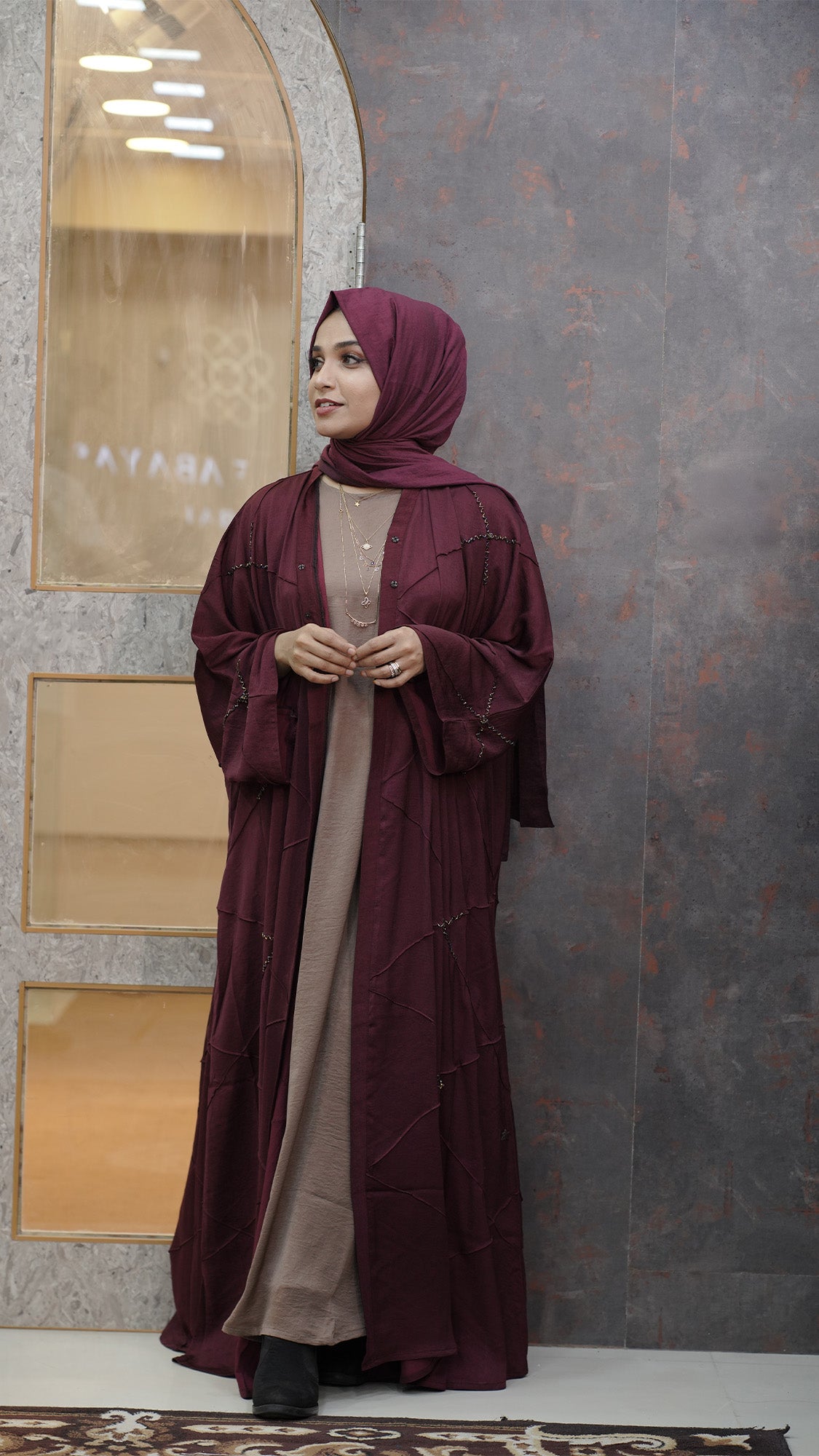 Maroon Layered Abaya Set with Taupe Inner - 0926100