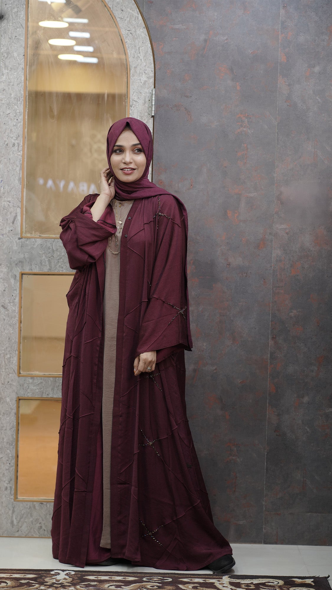 Maroon Layered Abaya Set with Taupe Inner - 0926100