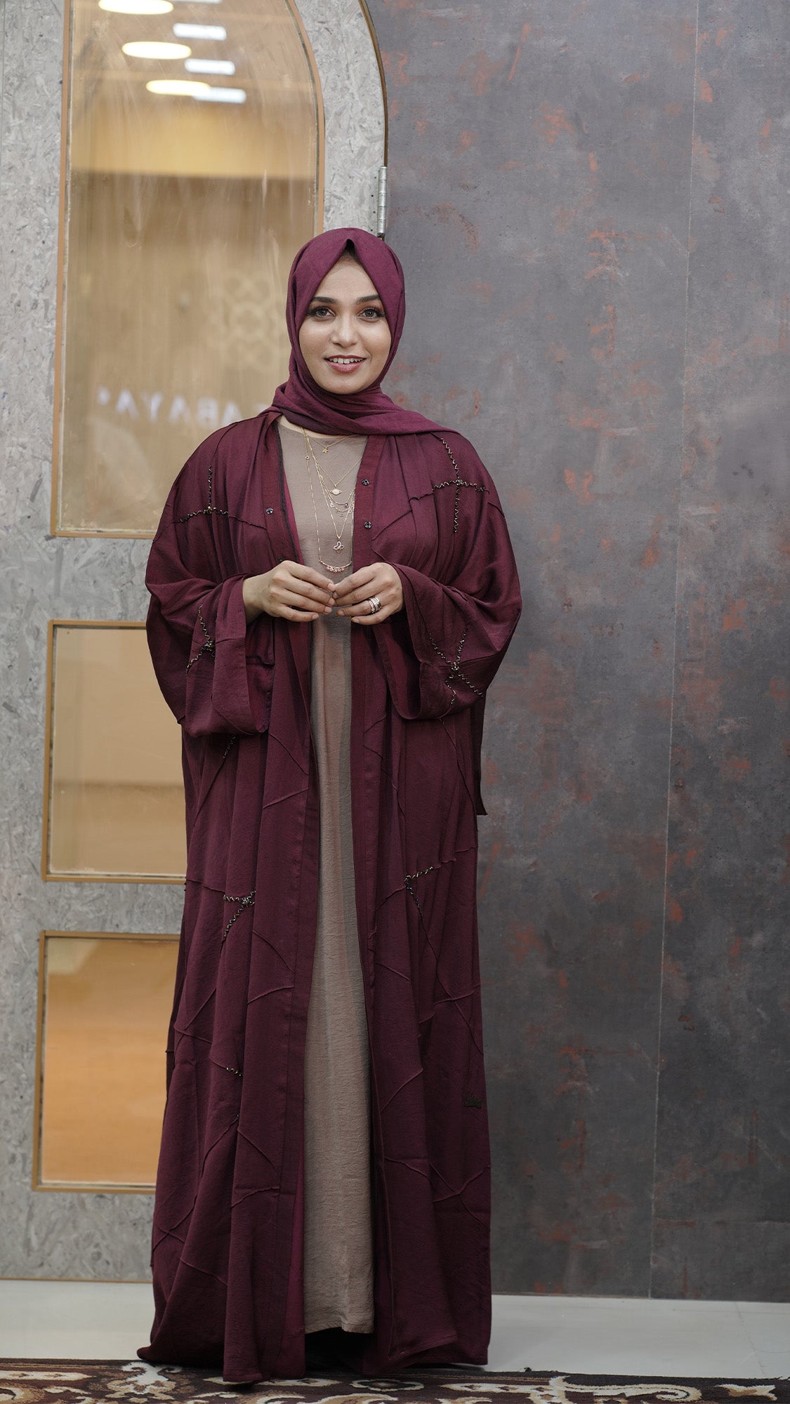 Maroon Layered Abaya Set with Taupe Inner - 0926100