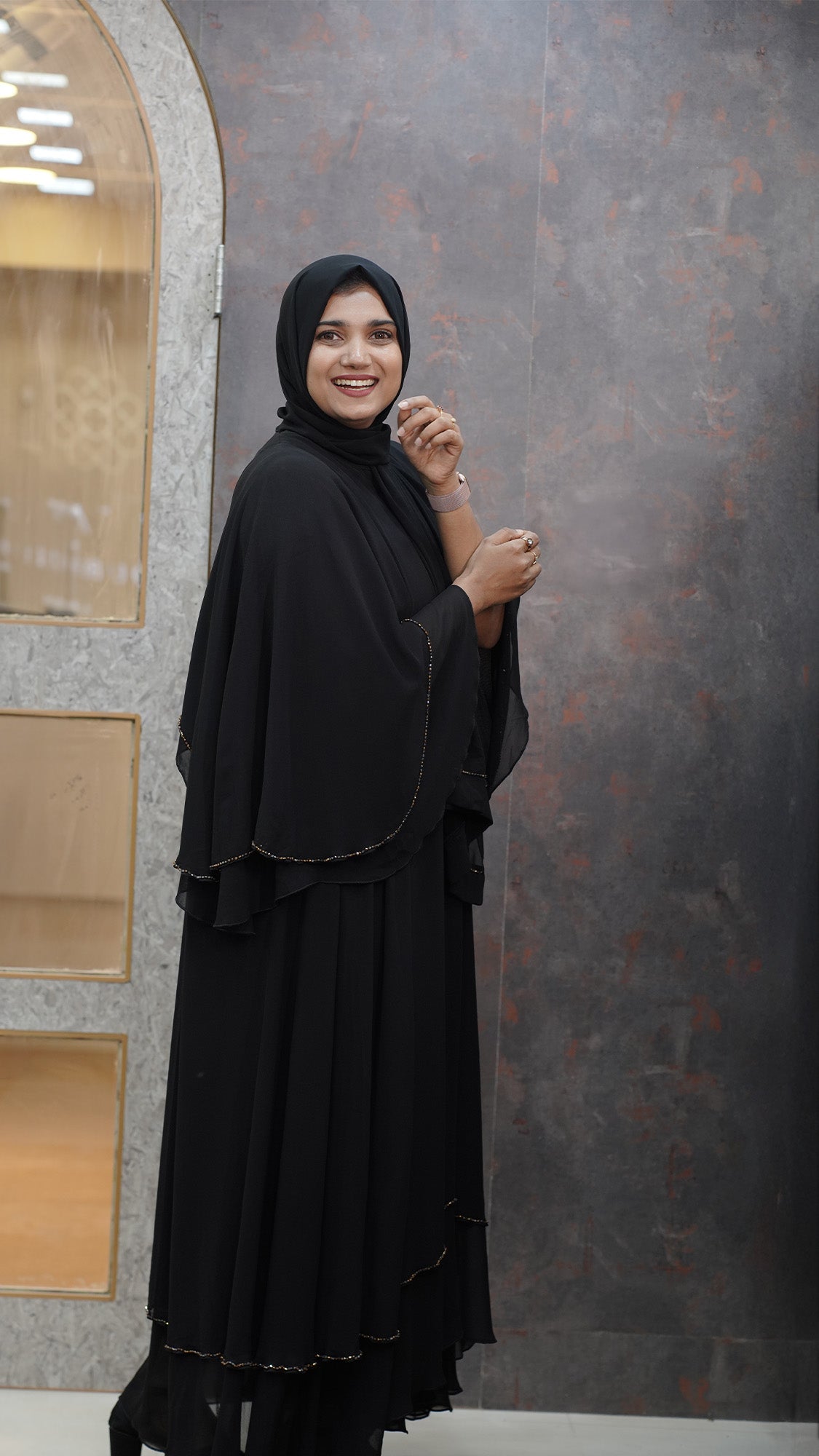 Black Layered Flare Abaya with Pearl-Edge Detailing - 0926101