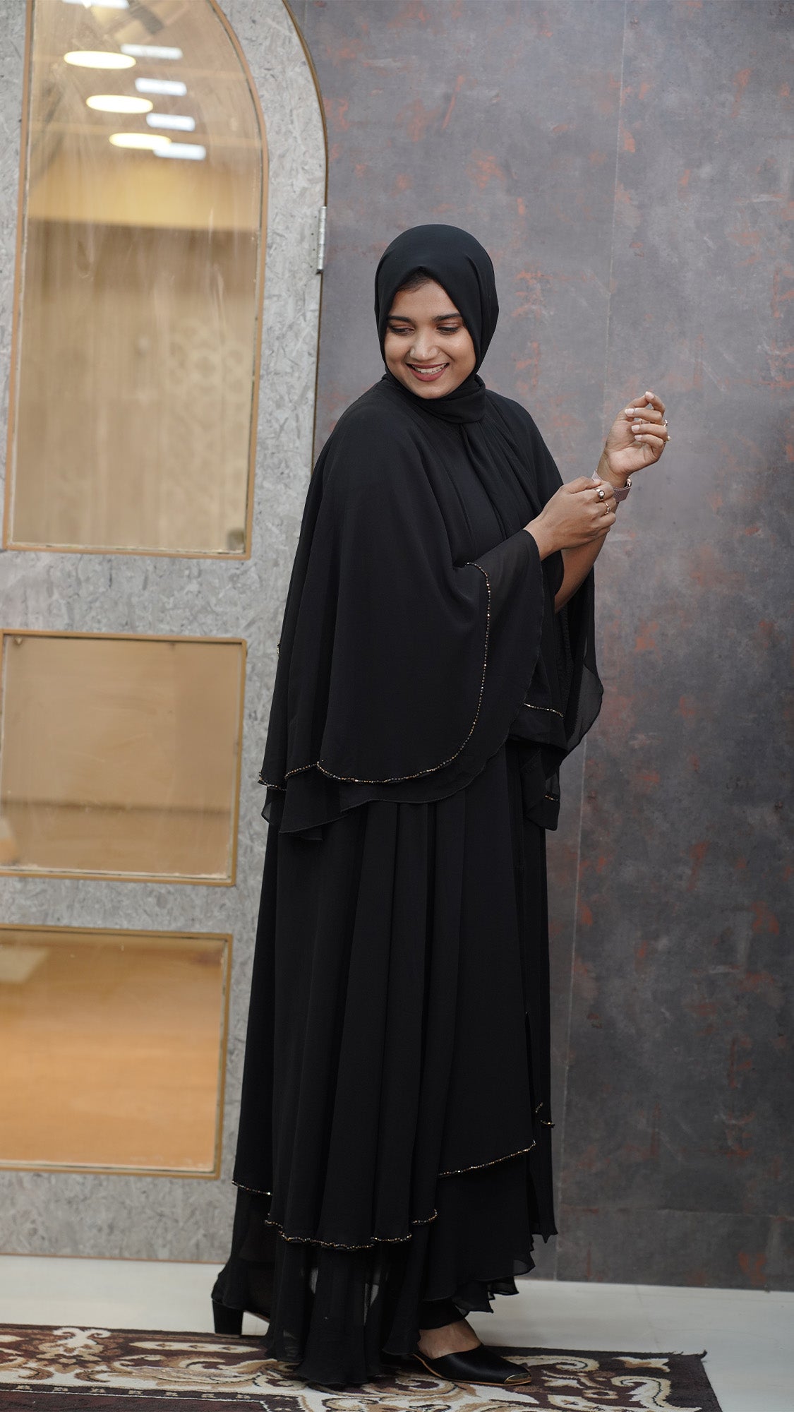 Black Layered Flare Abaya with Pearl-Edge Detailing - 0926101