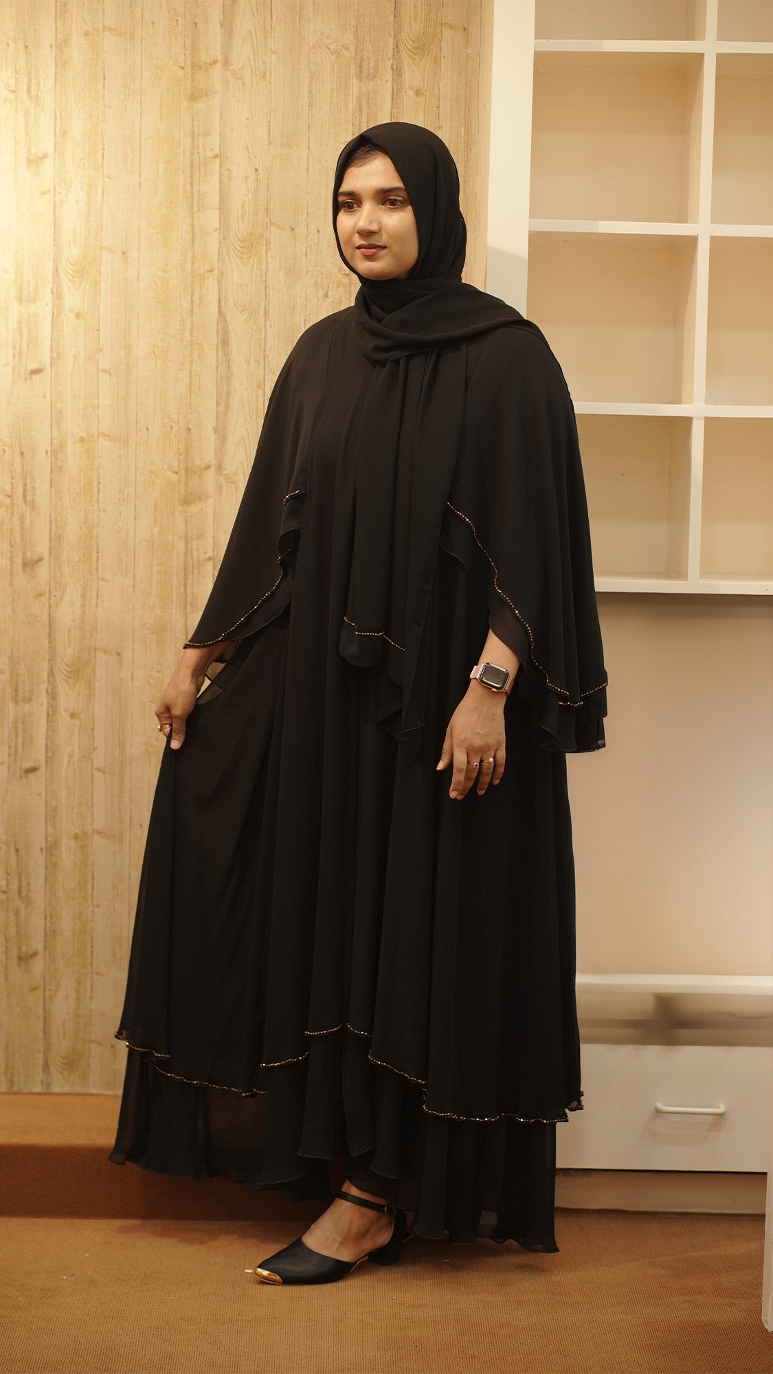 Black Layered Cape Abaya with Golden crystal hand work- 0926103