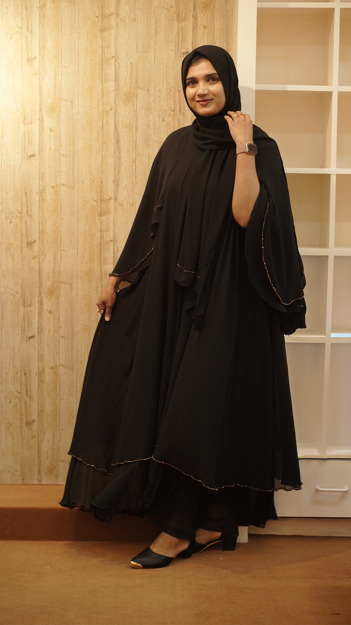 Black Layered Cape Abaya with Golden crystal hand work- 0926103