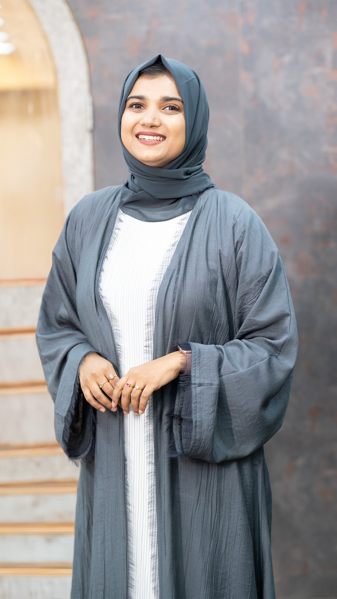 Slate Grey Textured Open-Front Abaya with White Inner - 0926104