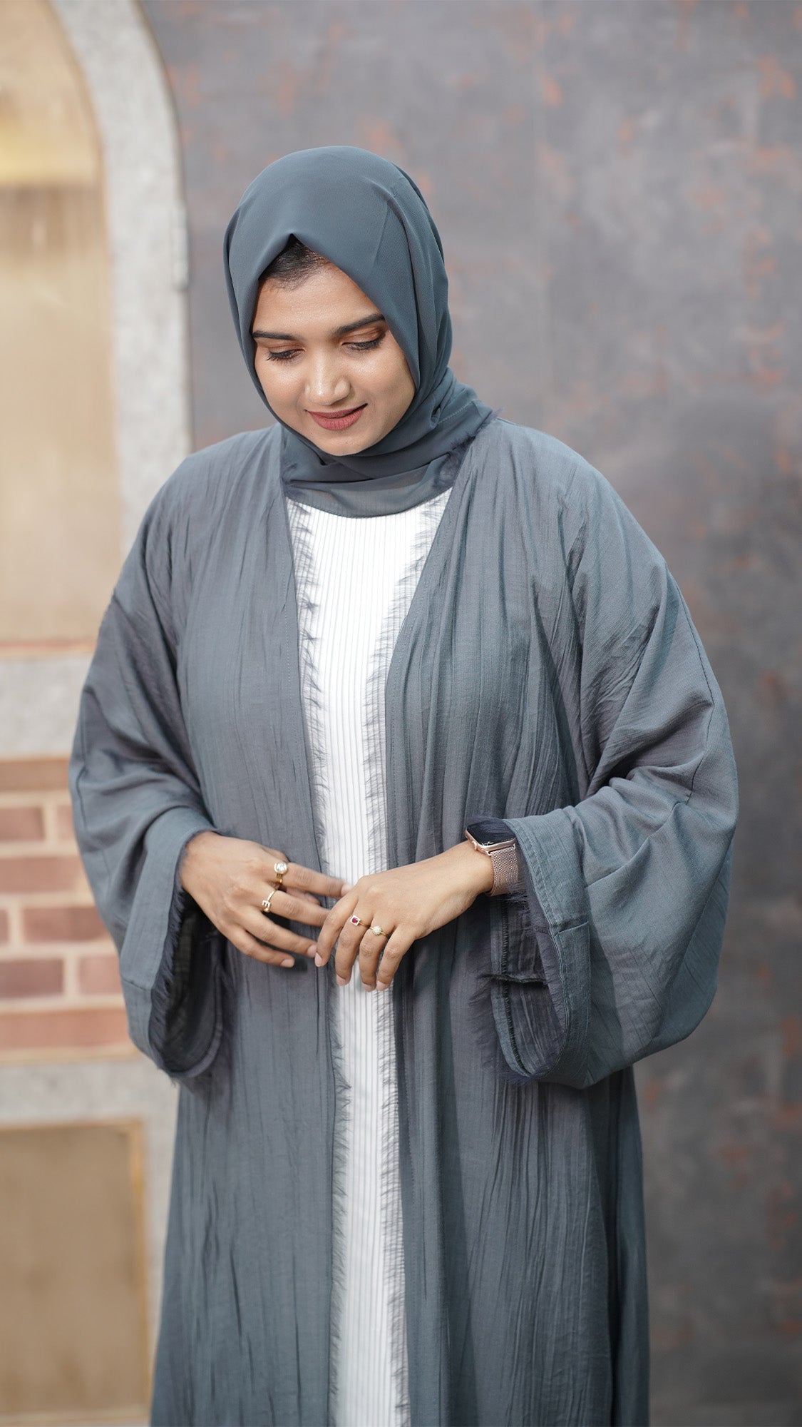 Slate Grey Textured Open-Front Abaya with White Inner - 0926104