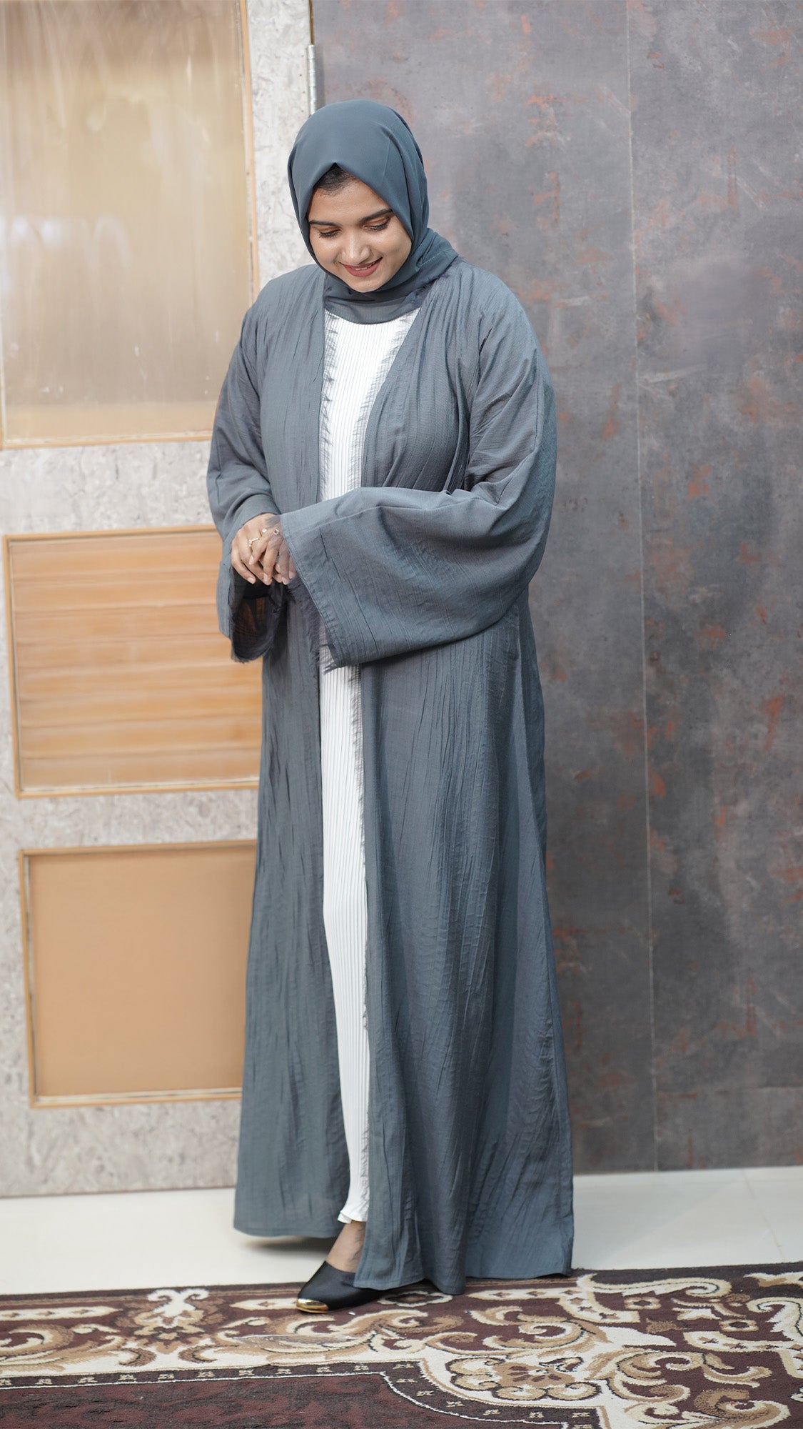 Slate Grey Textured Open-Front Abaya with White Inner - 0926104