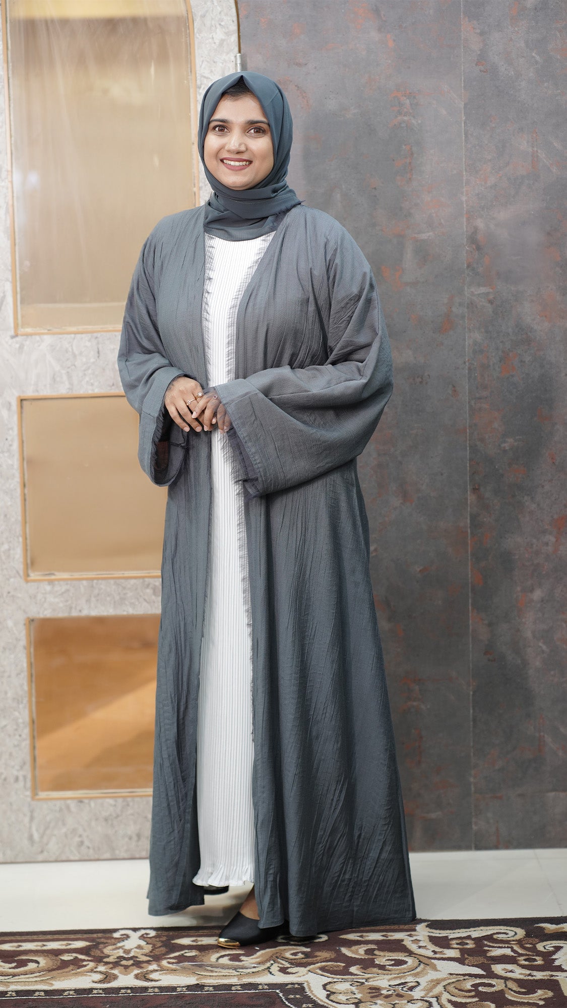 Slate Grey Textured Open-Front Abaya with White Inner - 0926104