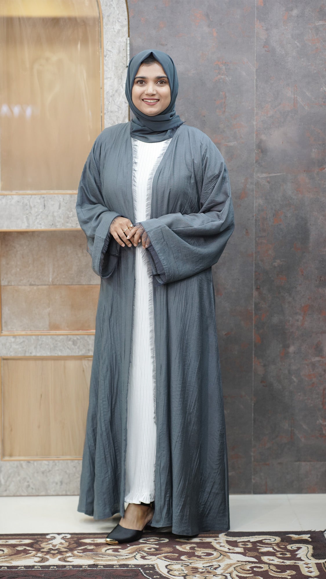 Slate Grey Textured Open-Front Abaya with White Inner - 0926104
