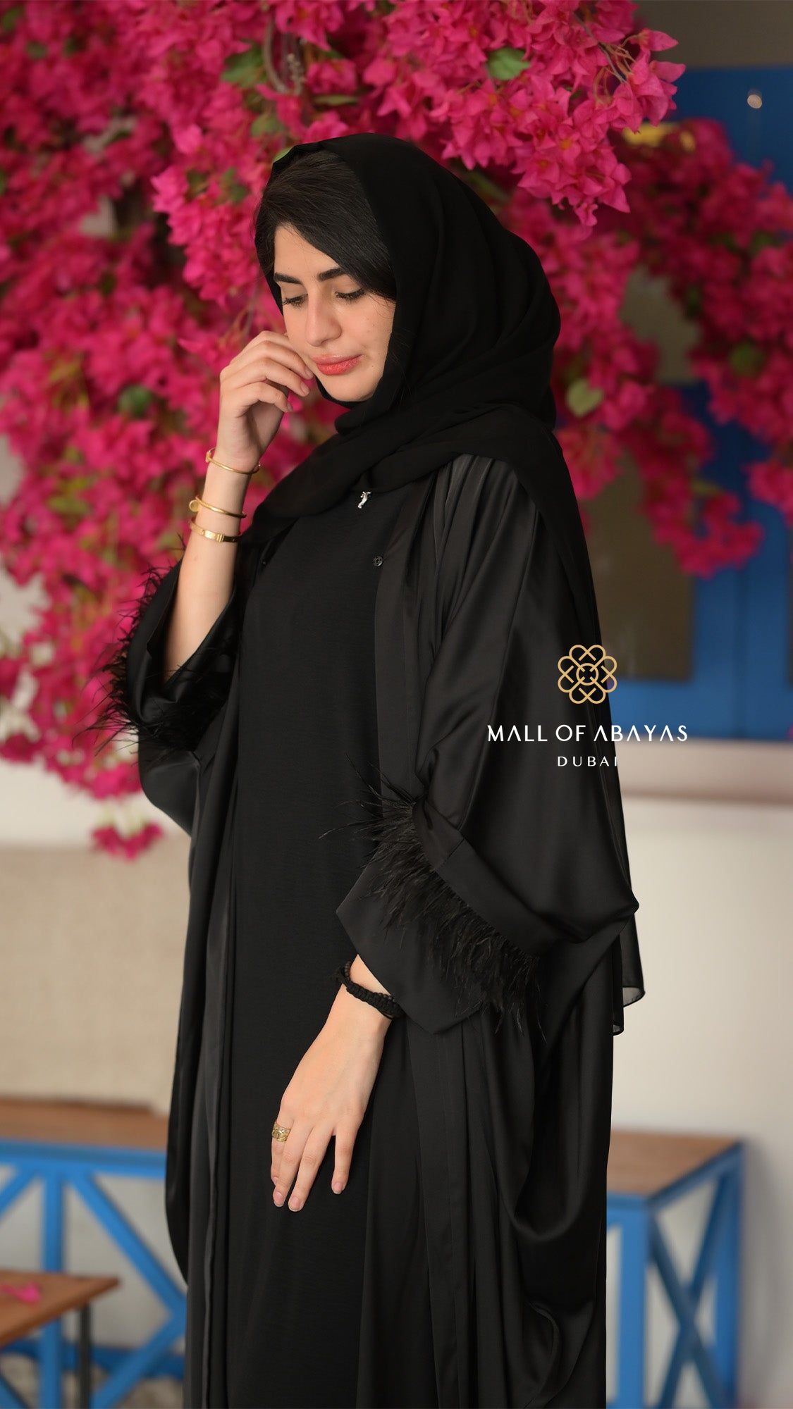 Noir Feather Cuff Layered Abaya – Black - 092613