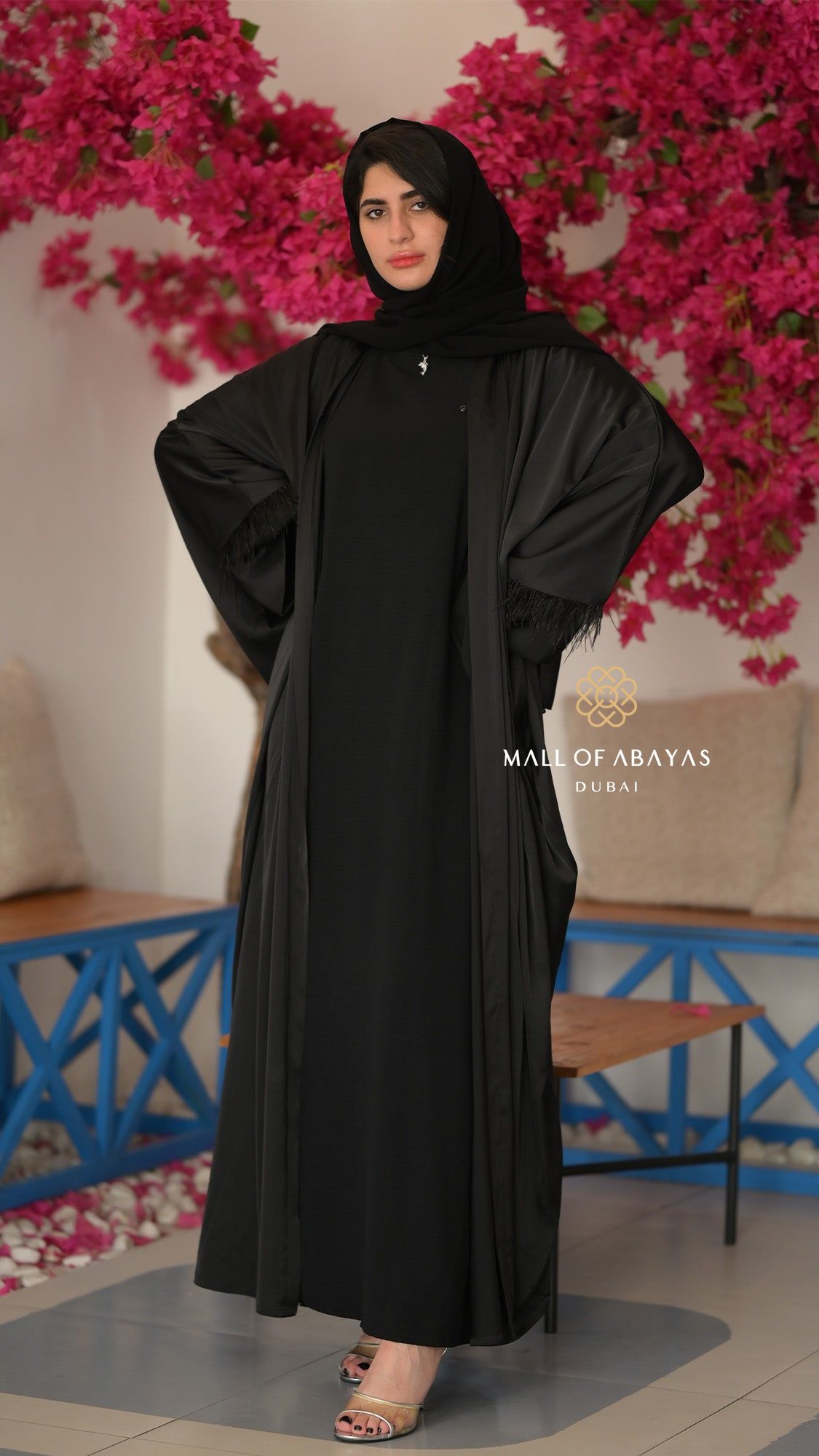 Noir Feather Cuff Layered Abaya – Black - 092613