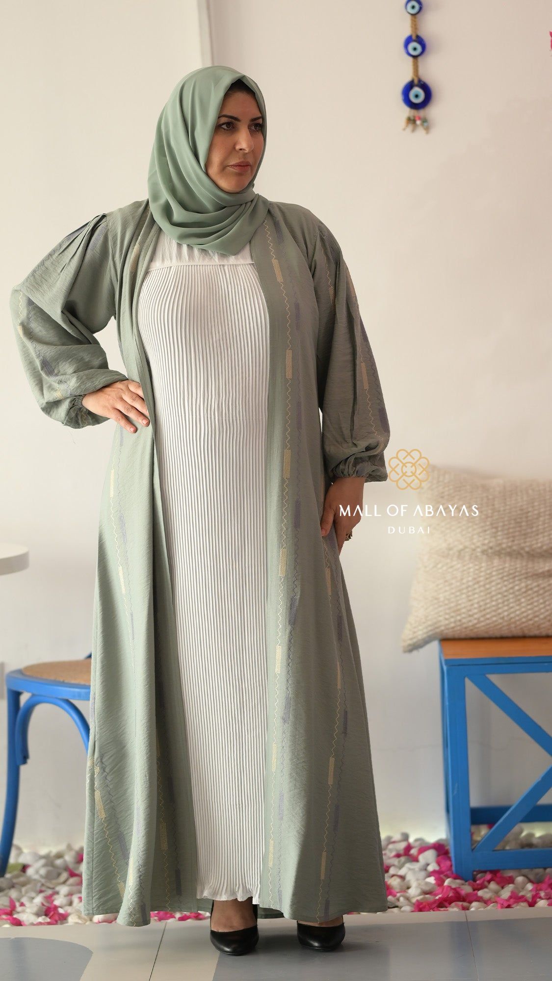 Linen Sage Pleated Layered Abaya with inner  -  092602