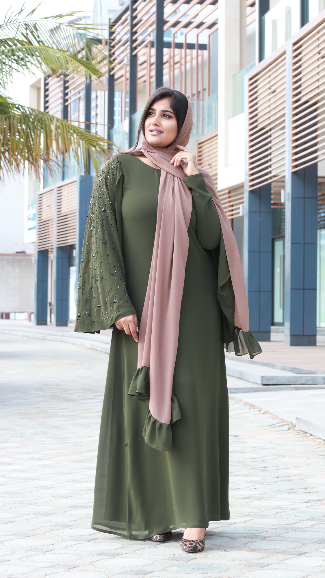 Olive Green Embellished Abaya with Ruffle Hijab - 092676