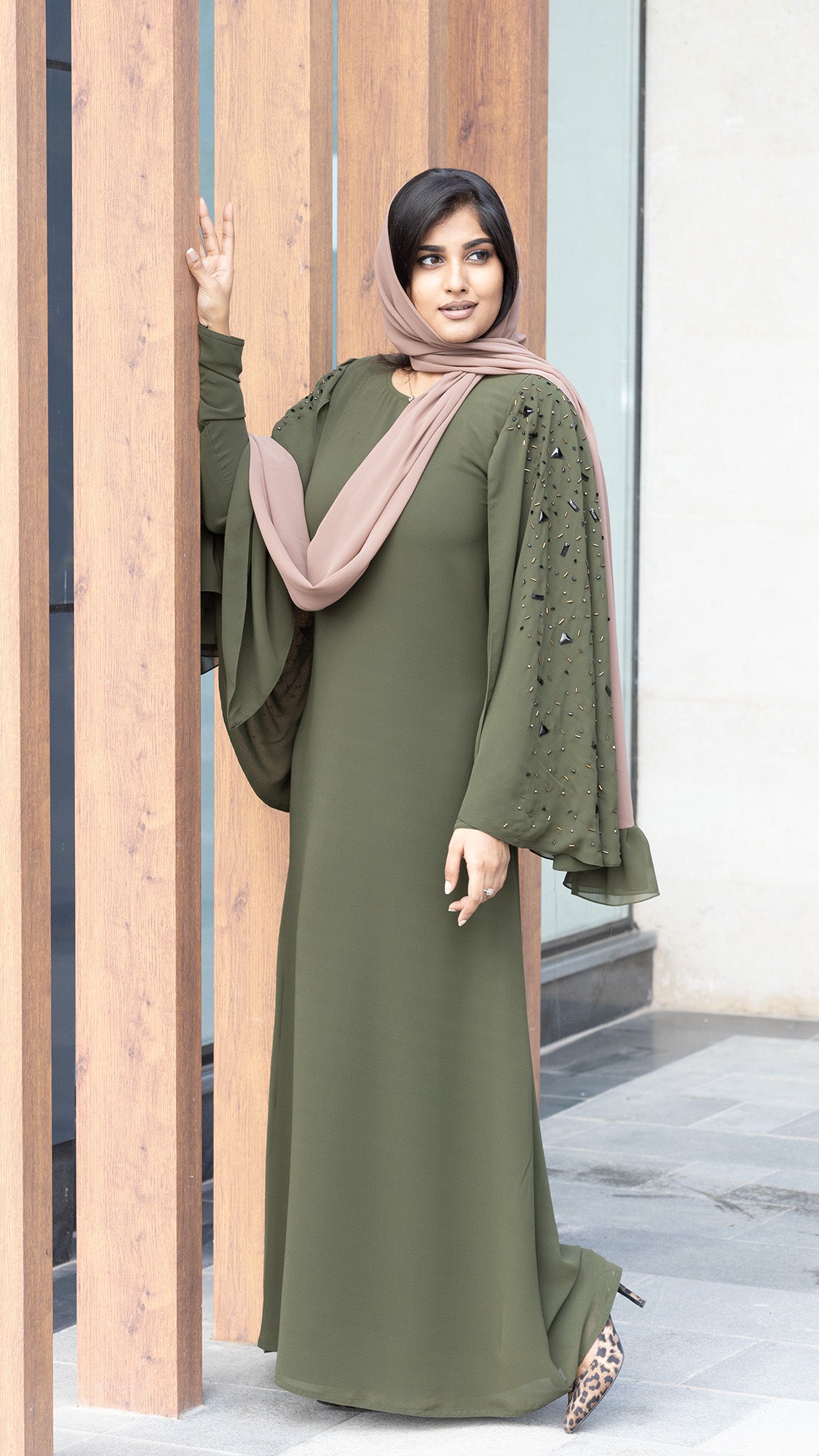Olive Green Embellished Abaya with Ruffle Hijab - 092676
