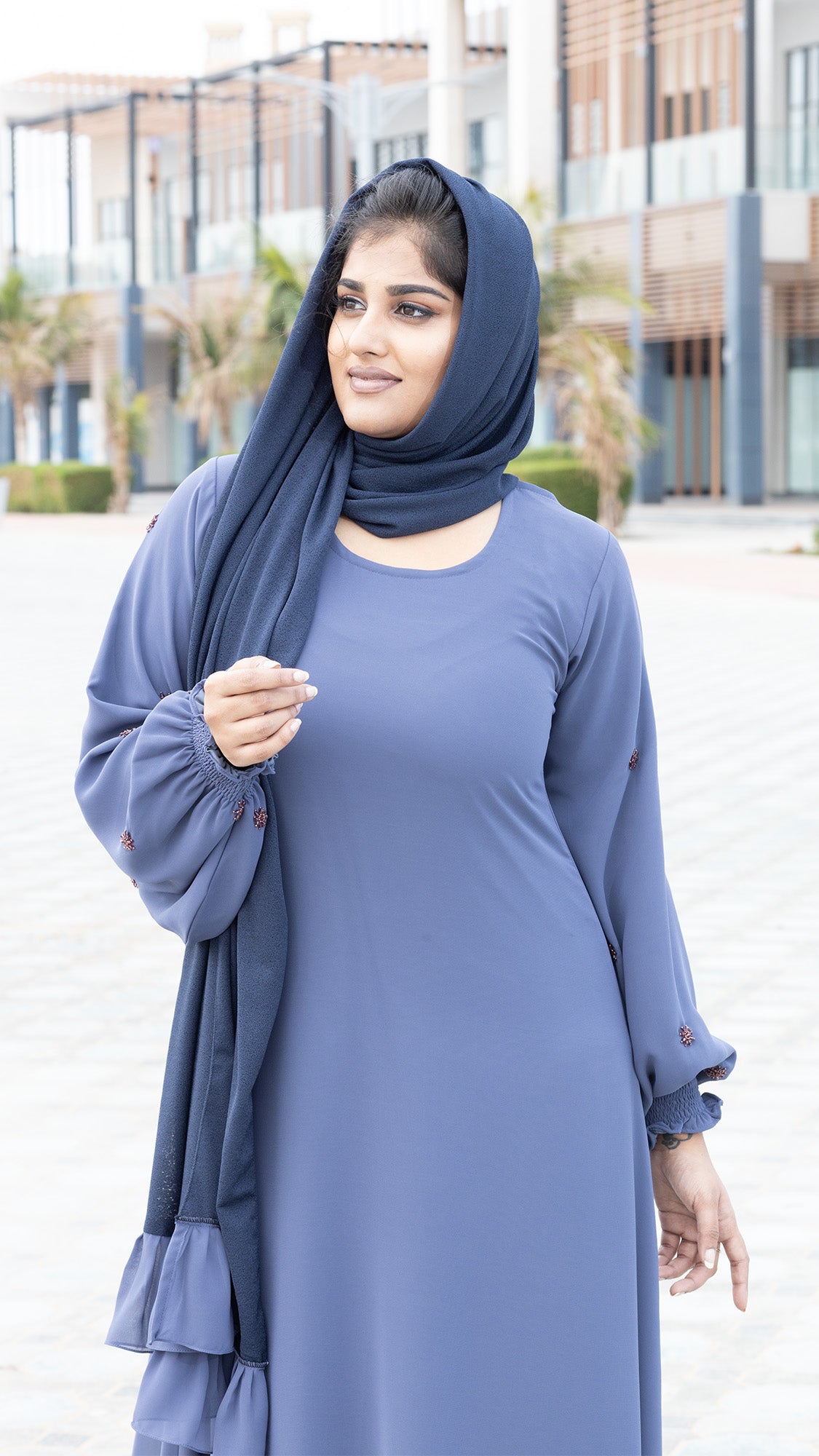 Dusty Blue Embellished Abaya with Navy Ruffle Hijab - 092677