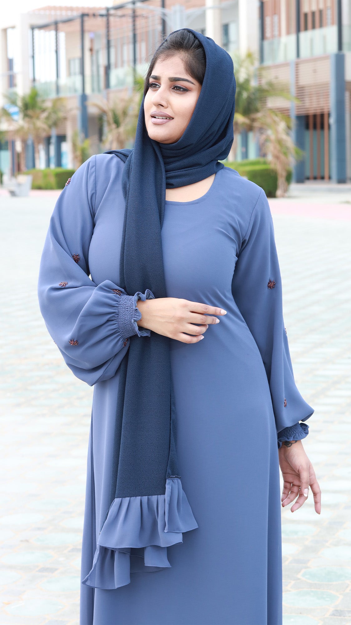 Dusty Blue Embellished Abaya with Navy Ruffle Hijab - 092677