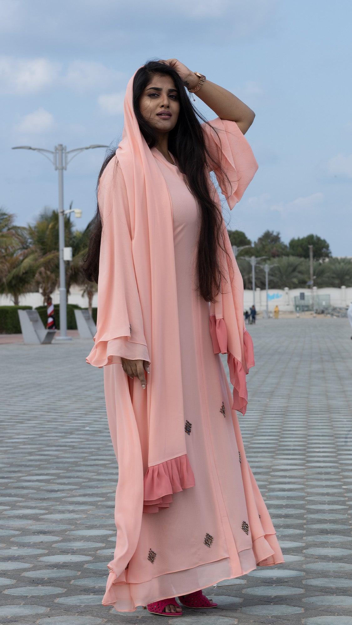 Blush Pink Stoned Chiffon Abaya with Ruffle Hijab - 092678